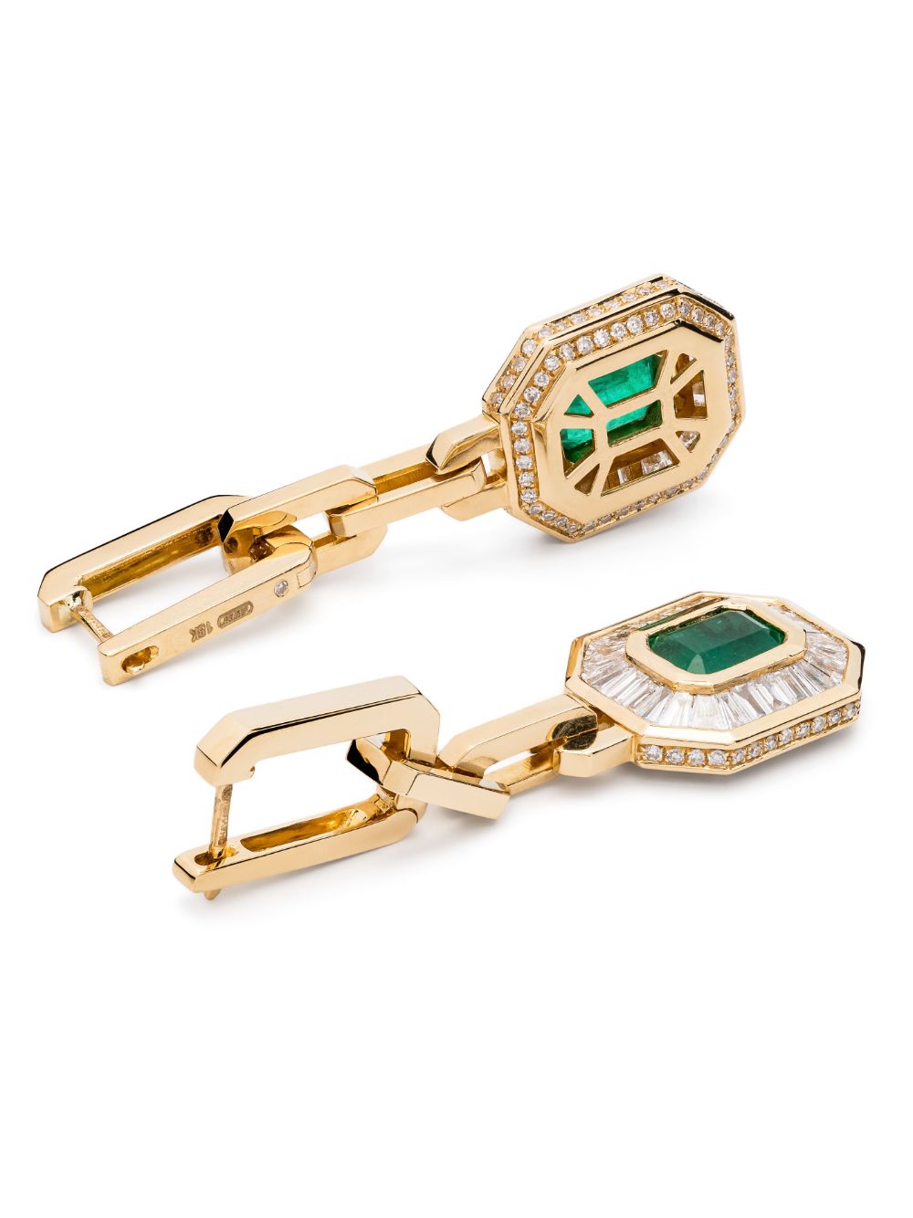 18K yellow gold emerald and diamond drop earrings