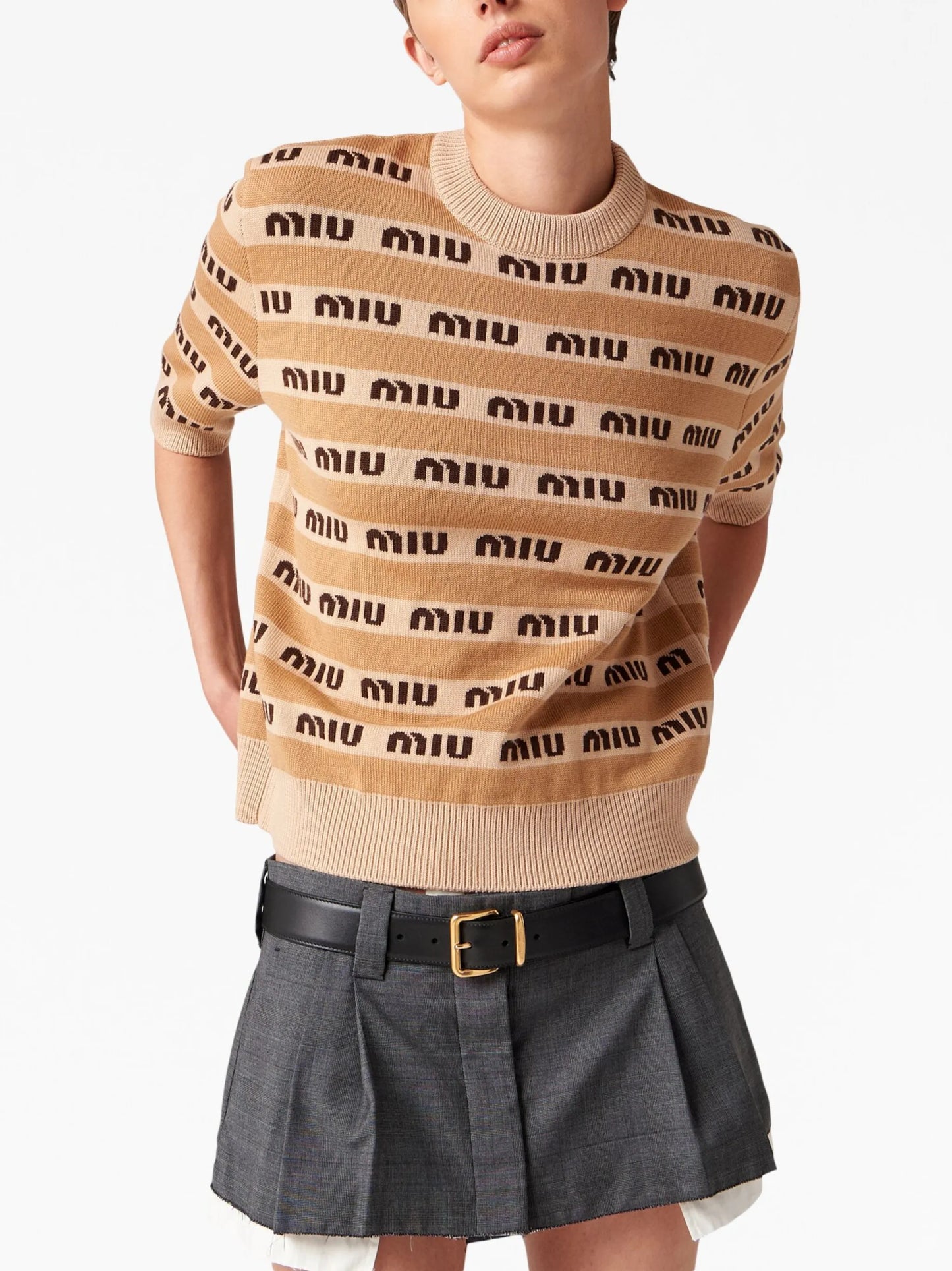 logo-intarsia short-sleeve wool sweater