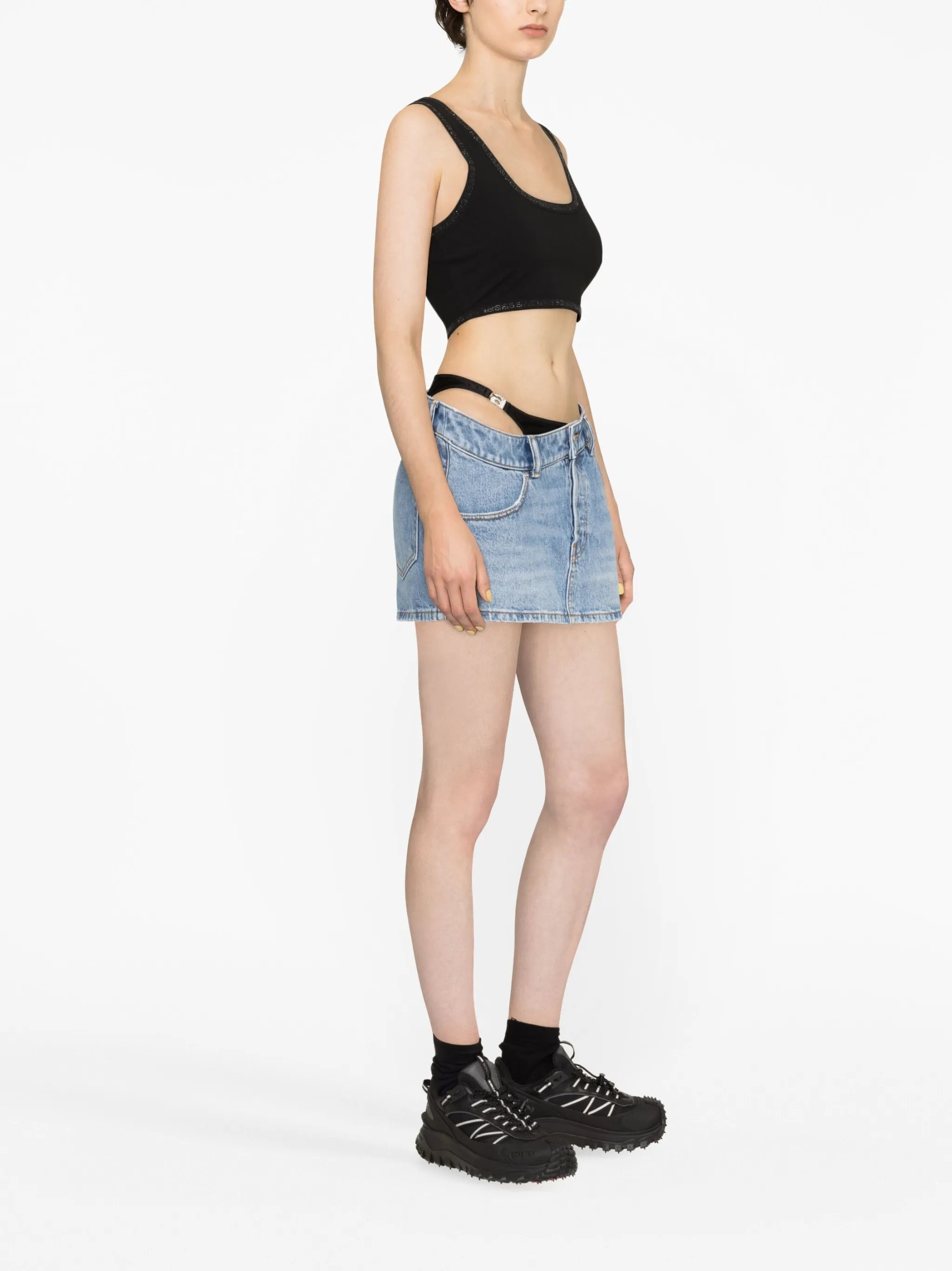 asymmetric bikini-layer denim skirt