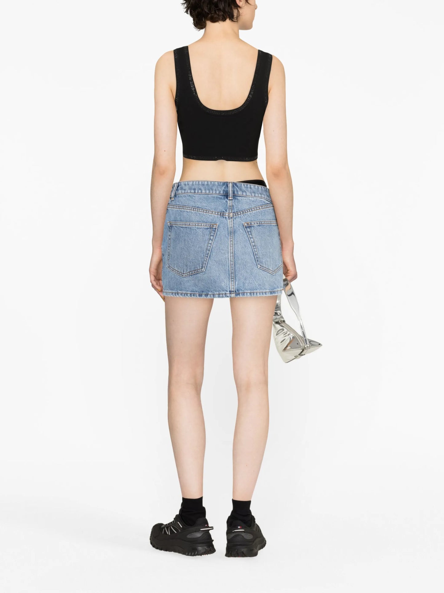 asymmetric bikini-layer denim skirt
