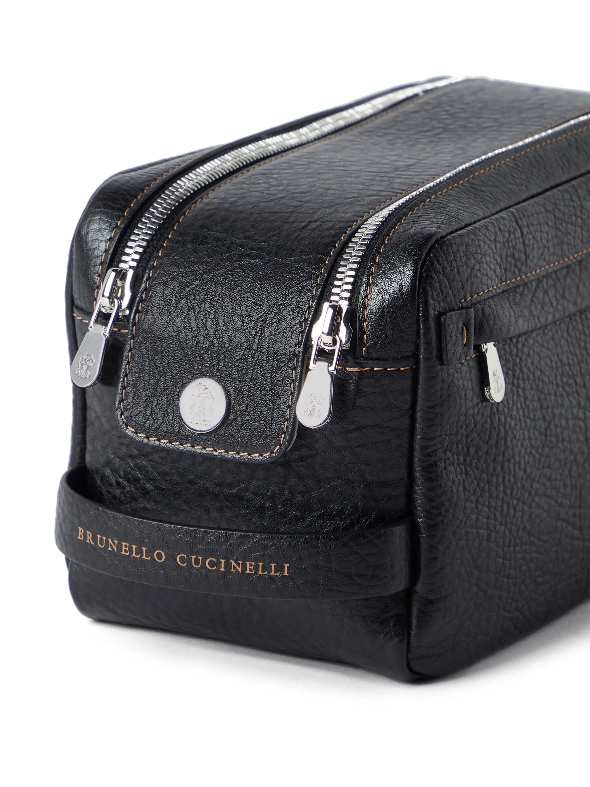 logo-engraved leather wash bag