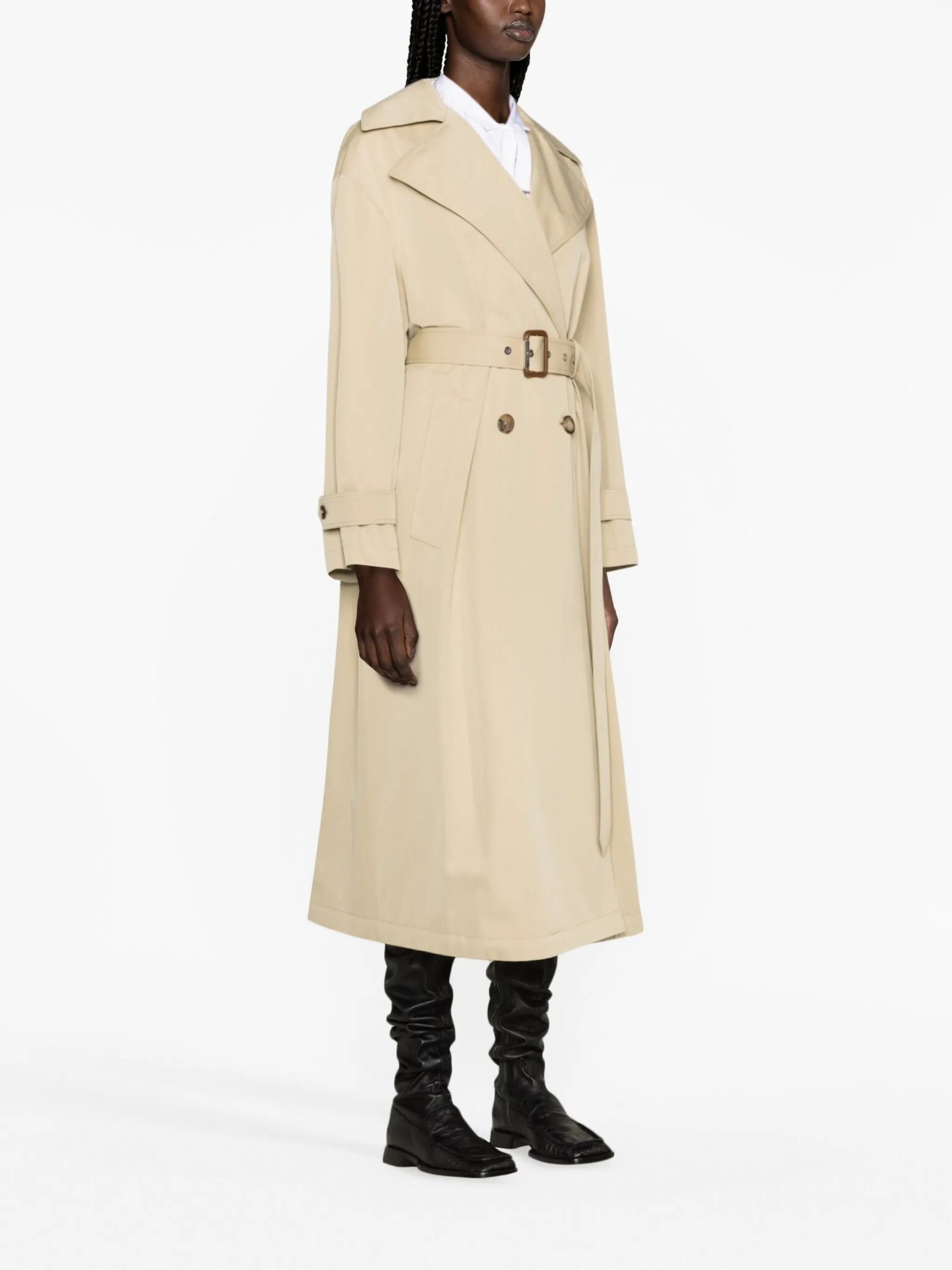 cocoon-sleeved belted trench coat