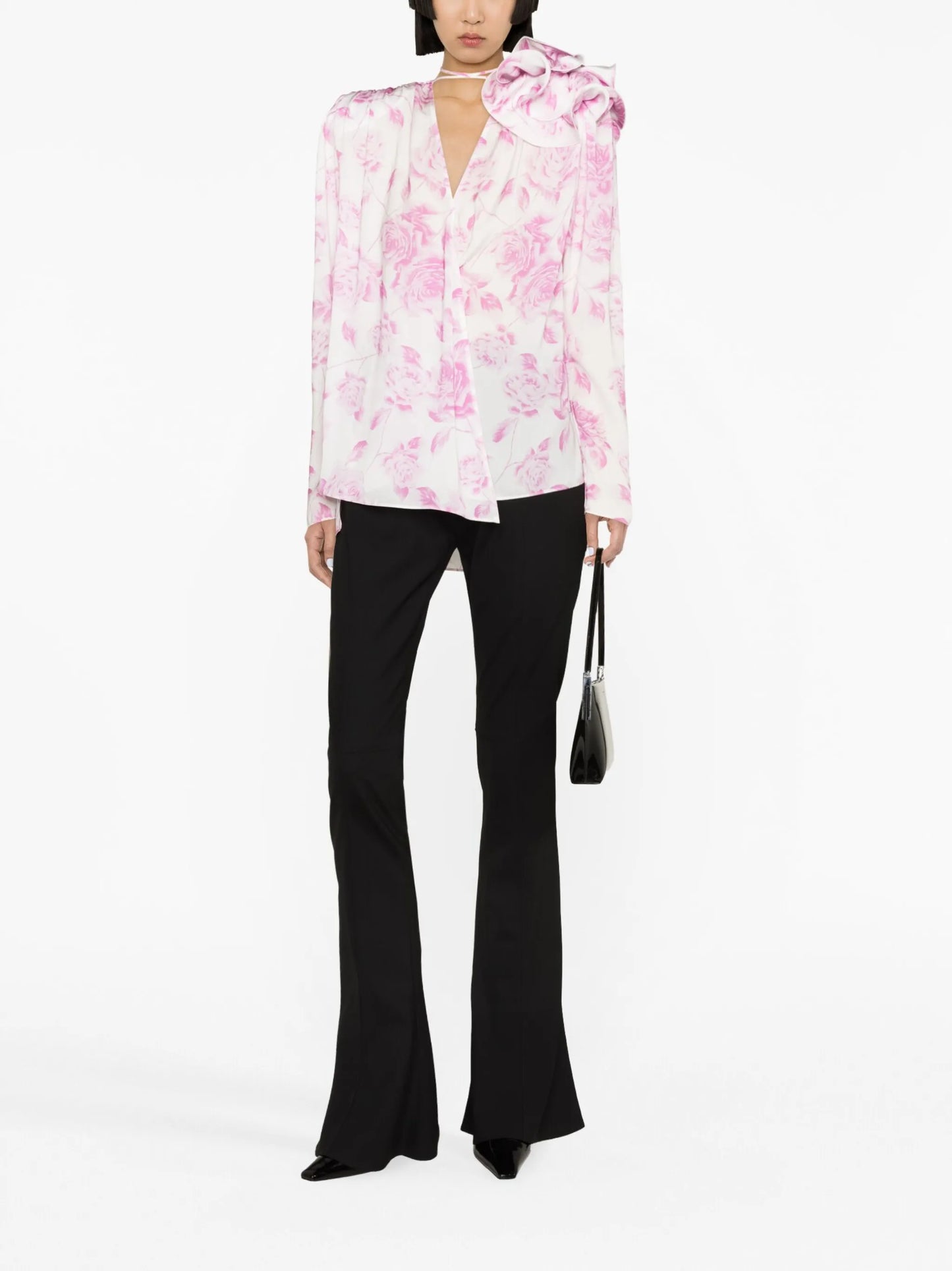 floral-appliqué rose-print blouse