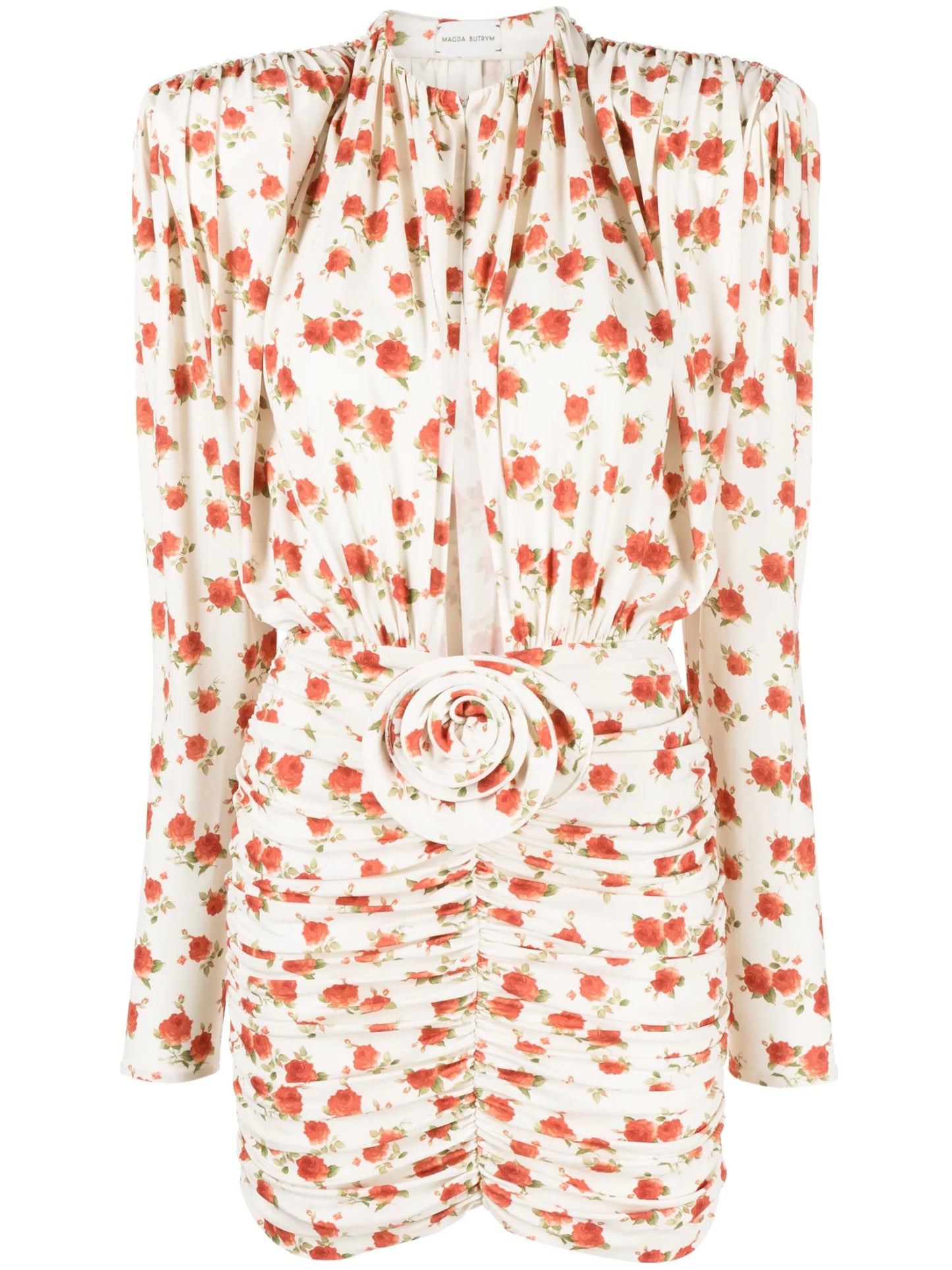 rose-appliqué floral-print minidress
