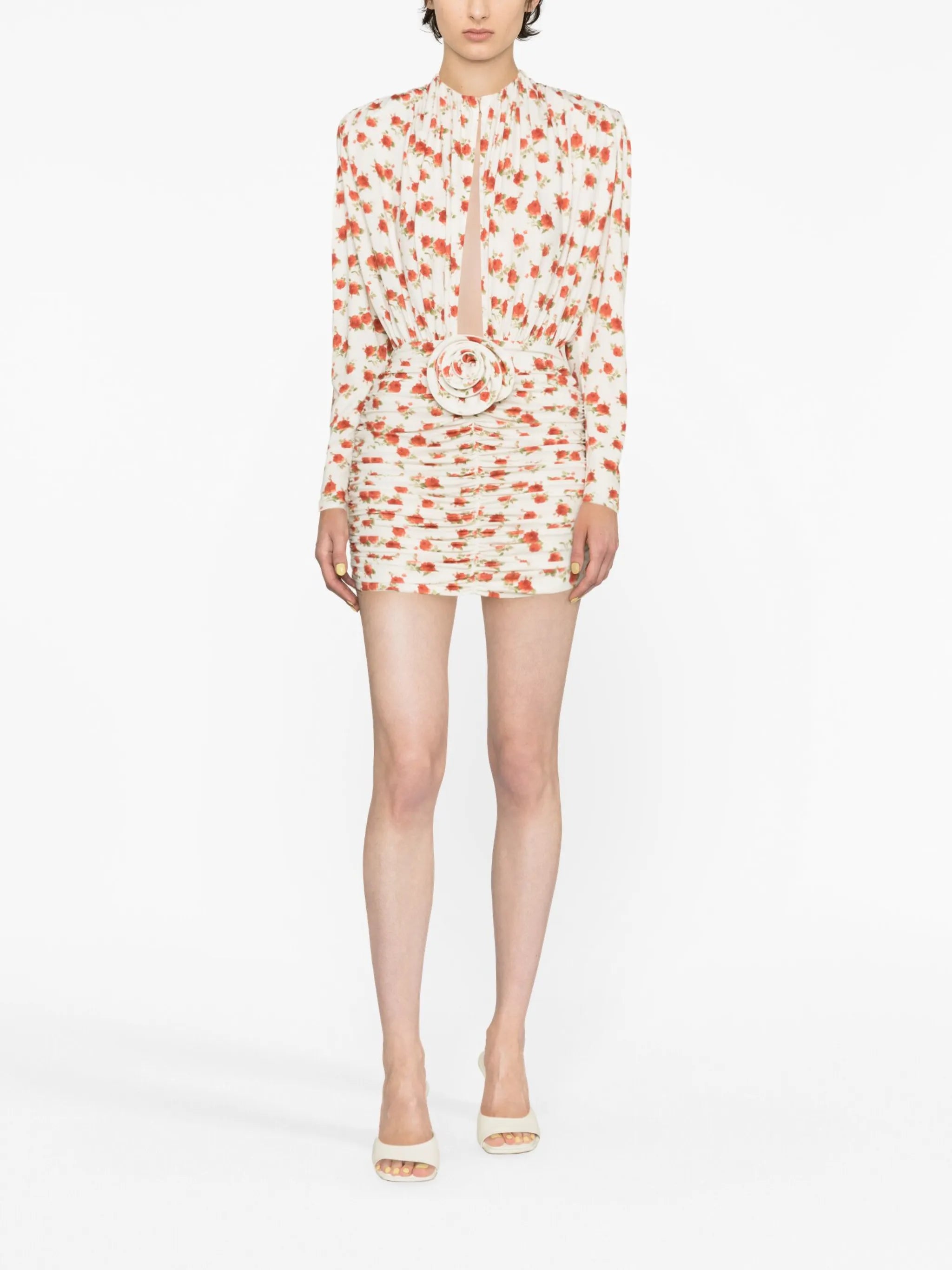 rose-appliqué floral-print minidress