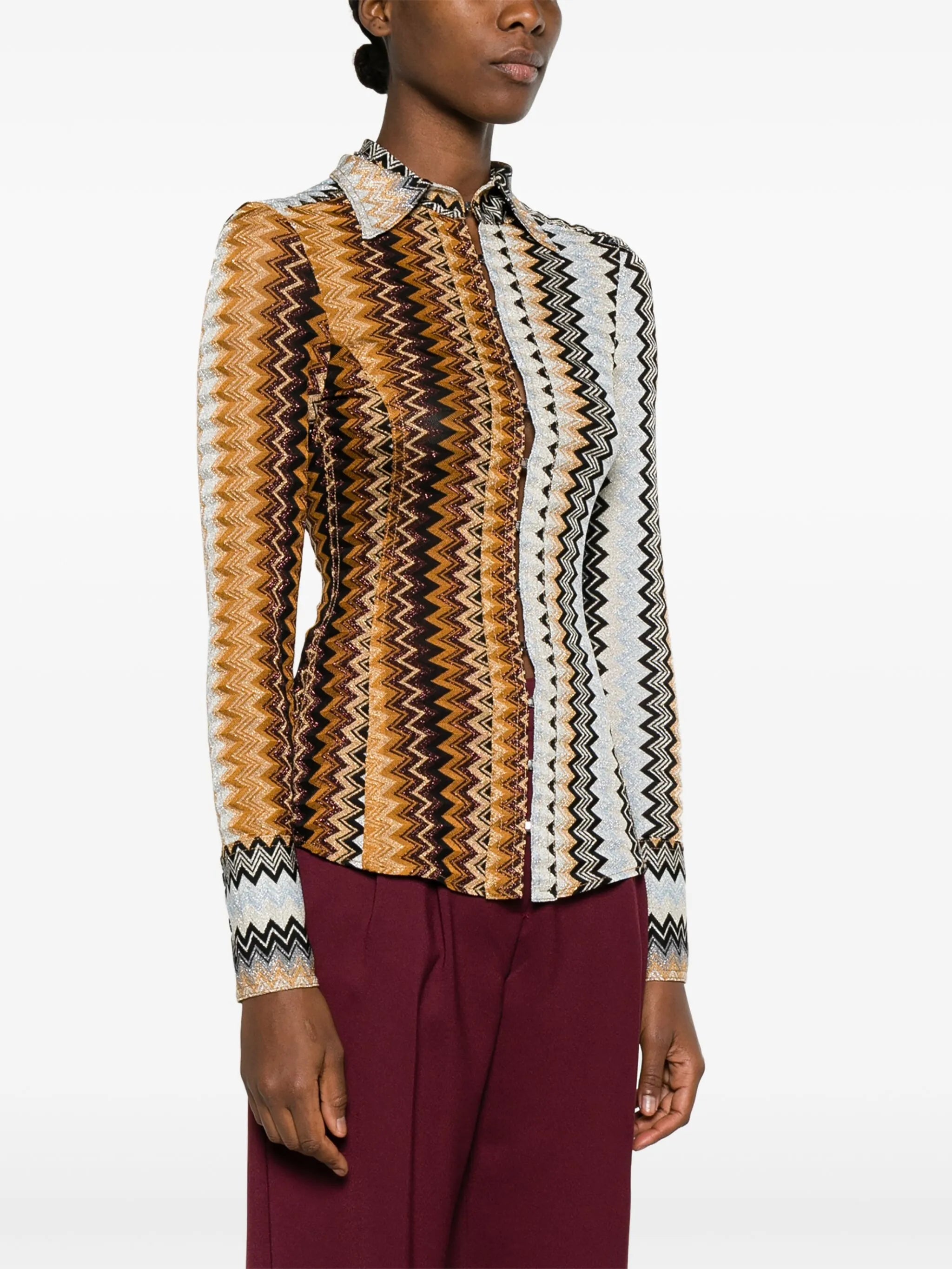 metallic zigzag crochet-knit shirt