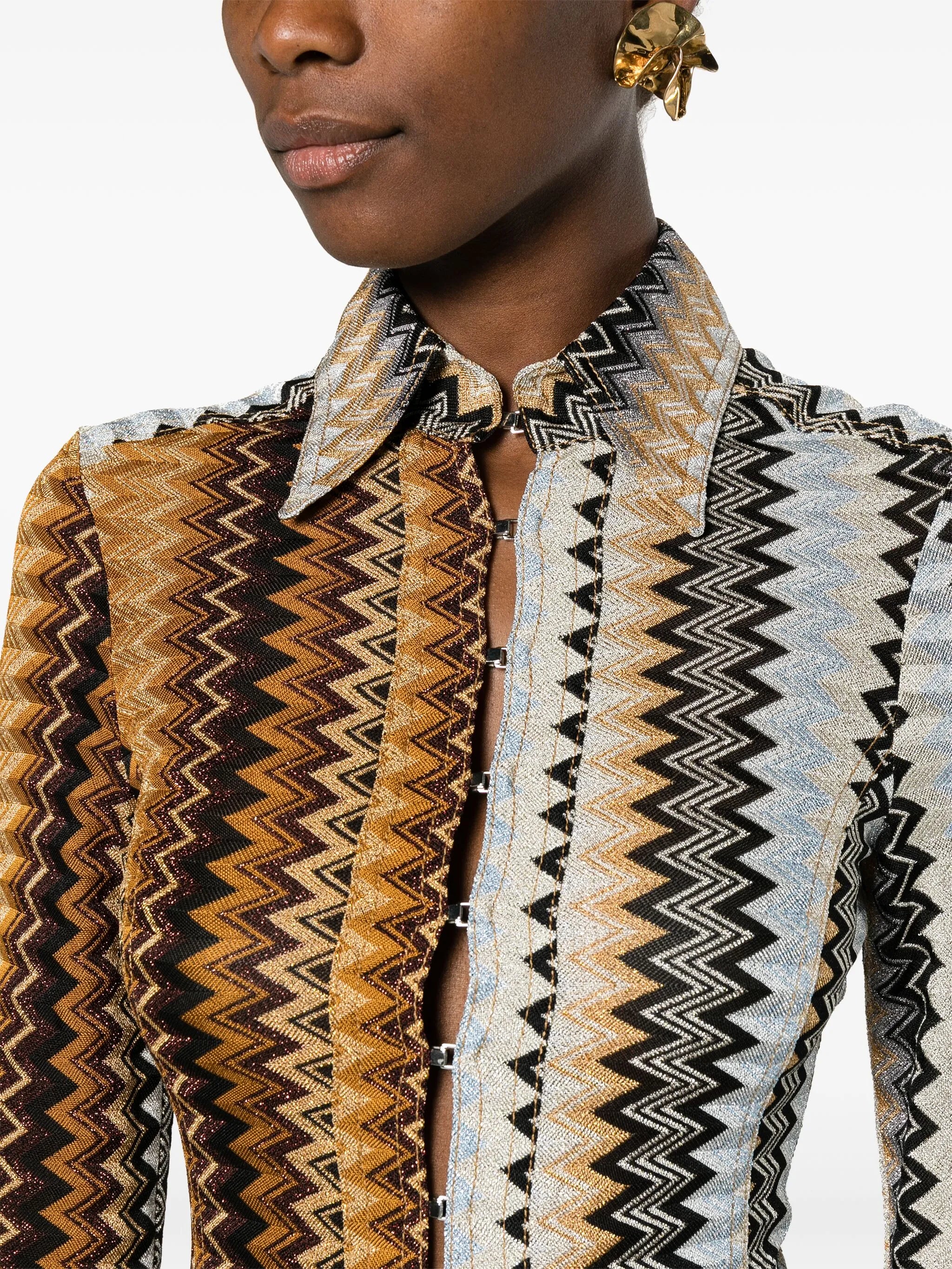 metallic zigzag crochet-knit shirt