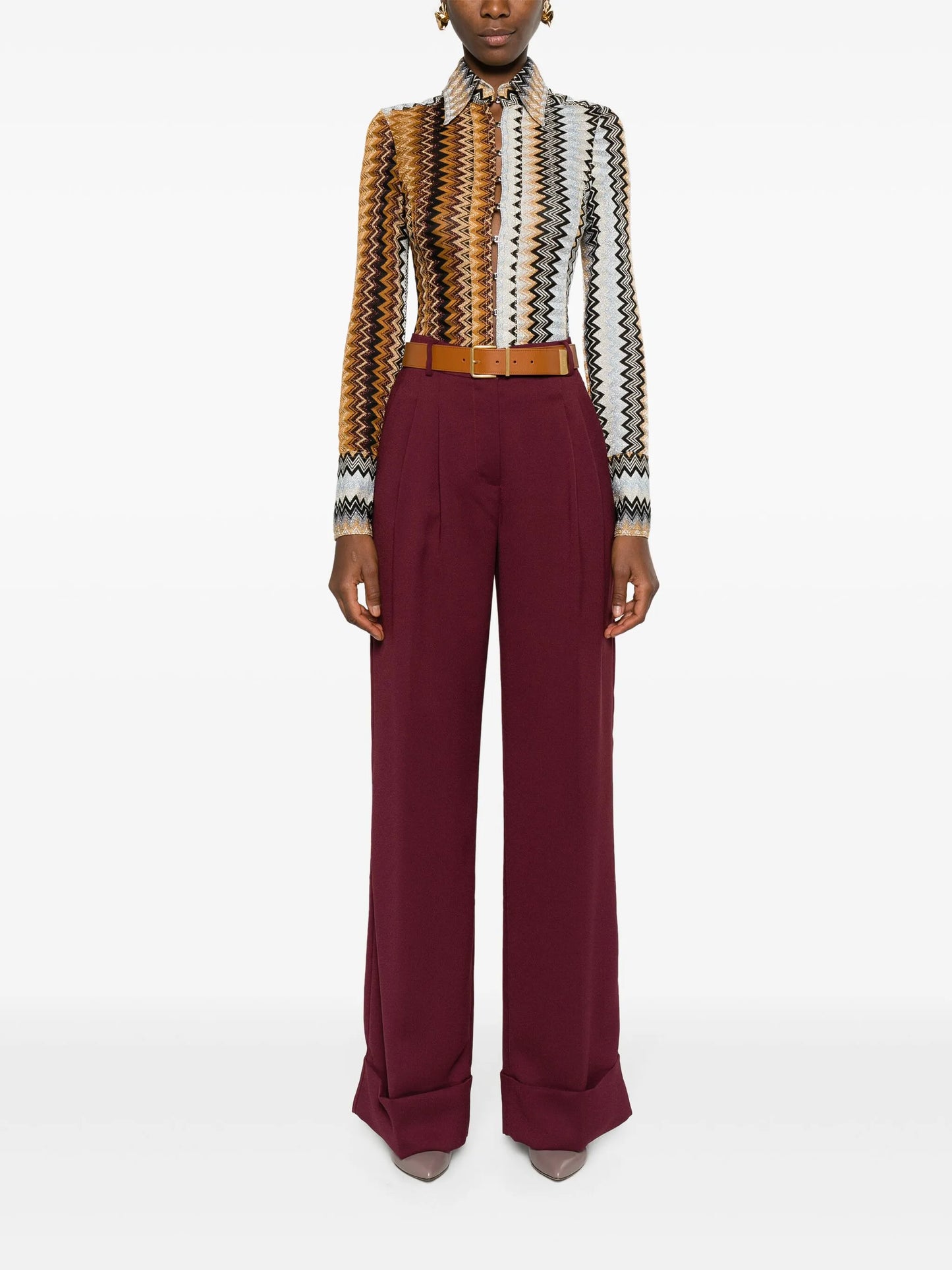 metallic zigzag crochet-knit shirt