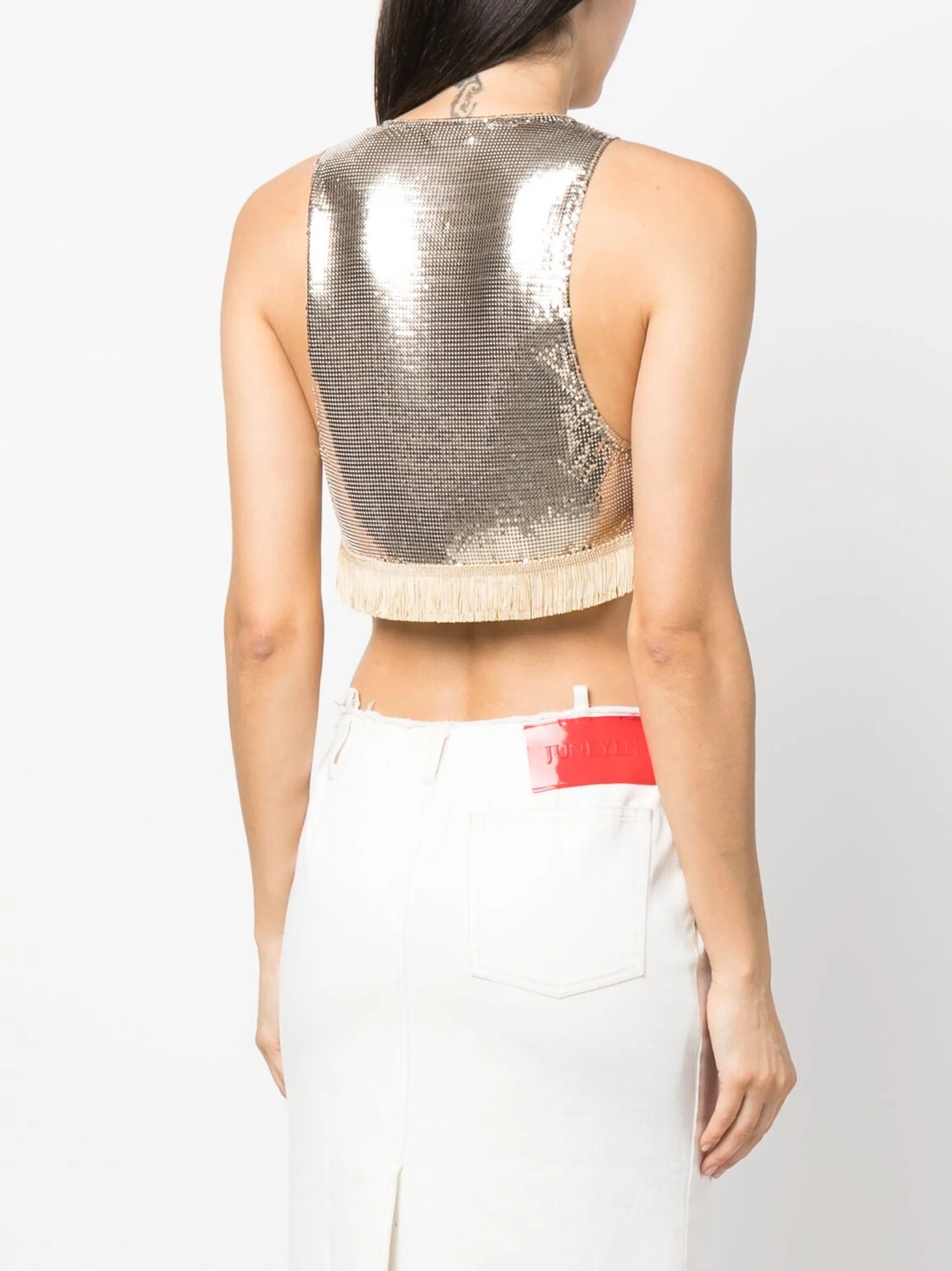 fringed metallic cut-out top