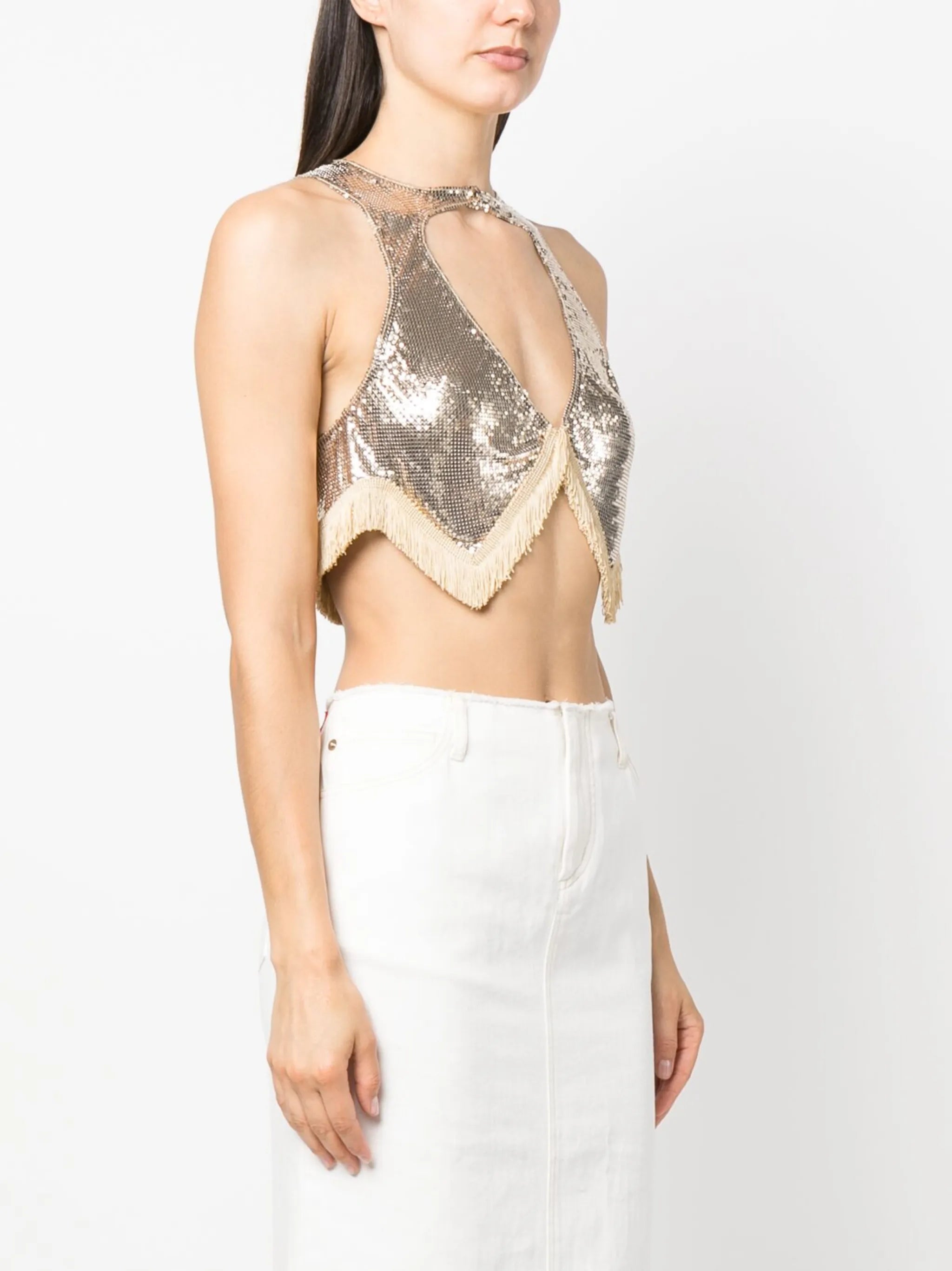 fringed metallic cut-out top