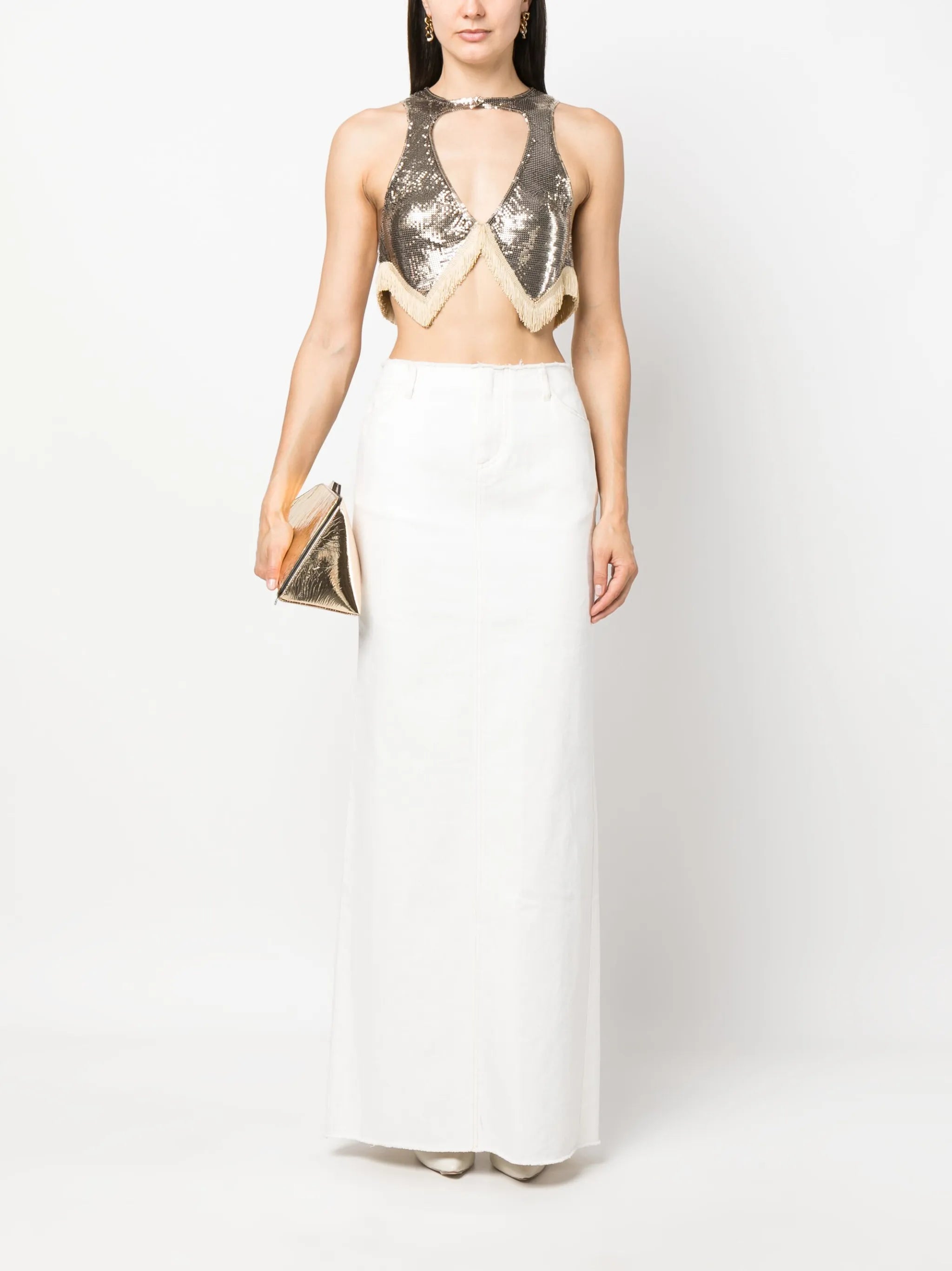 fringed metallic cut-out top