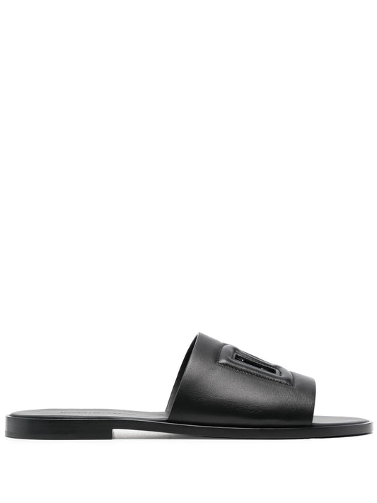 embossed-logo leather slides