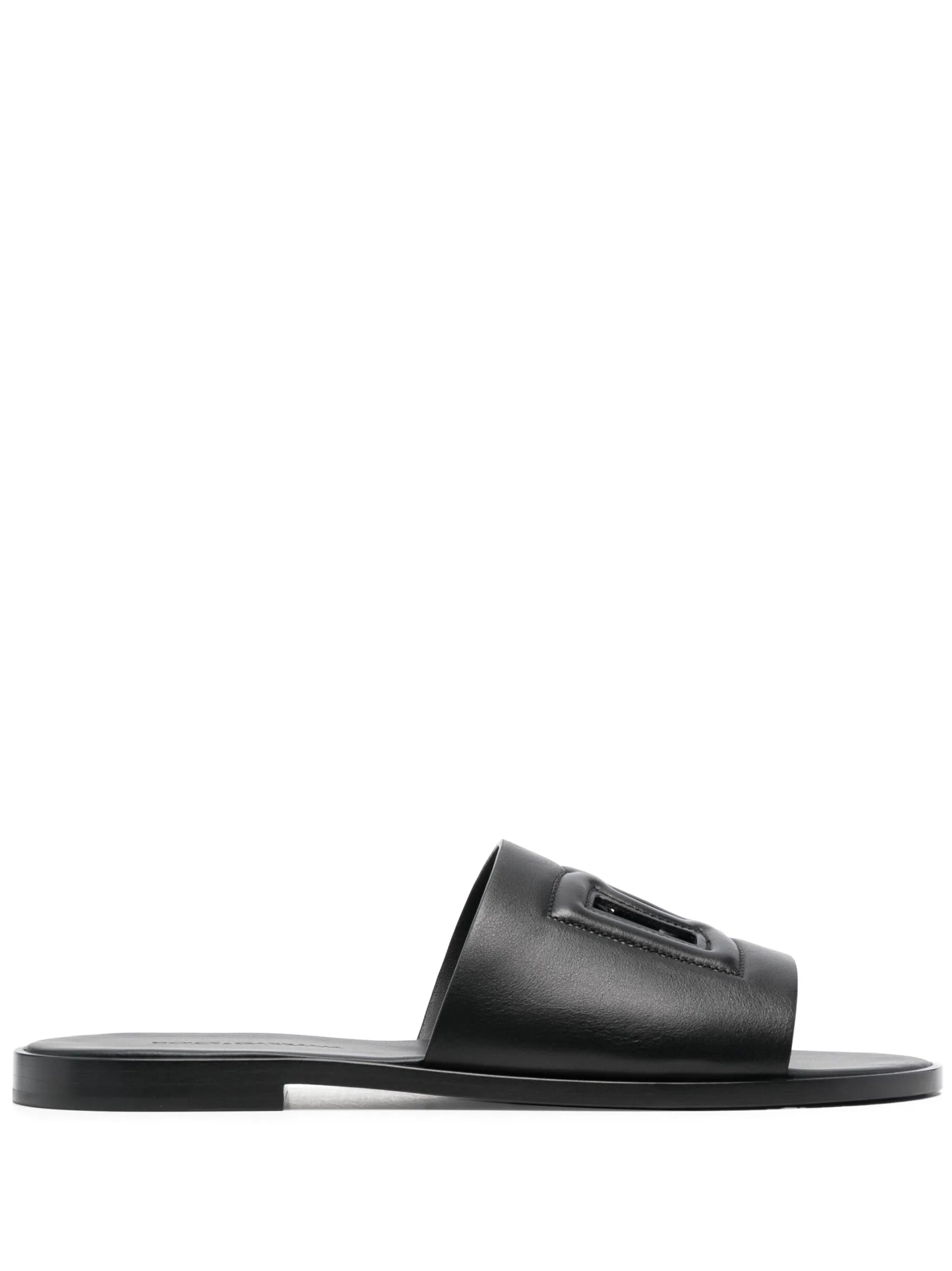 embossed-logo leather slides