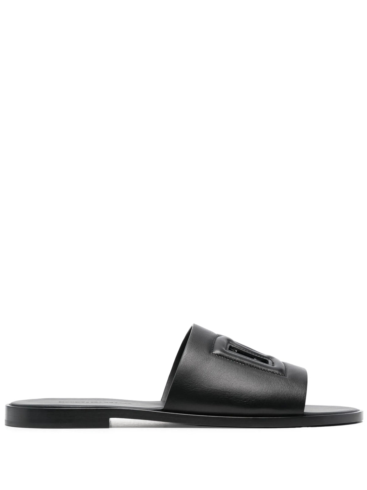 embossed-logo leather slides