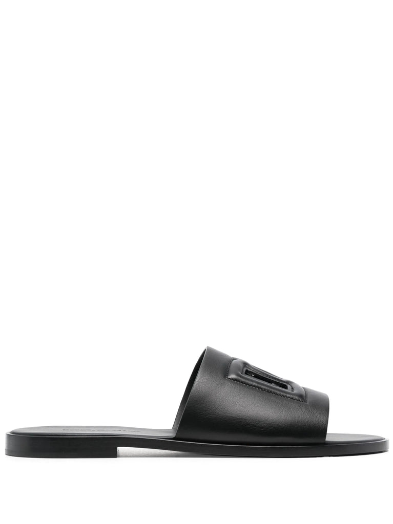 embossed-logo leather slides
