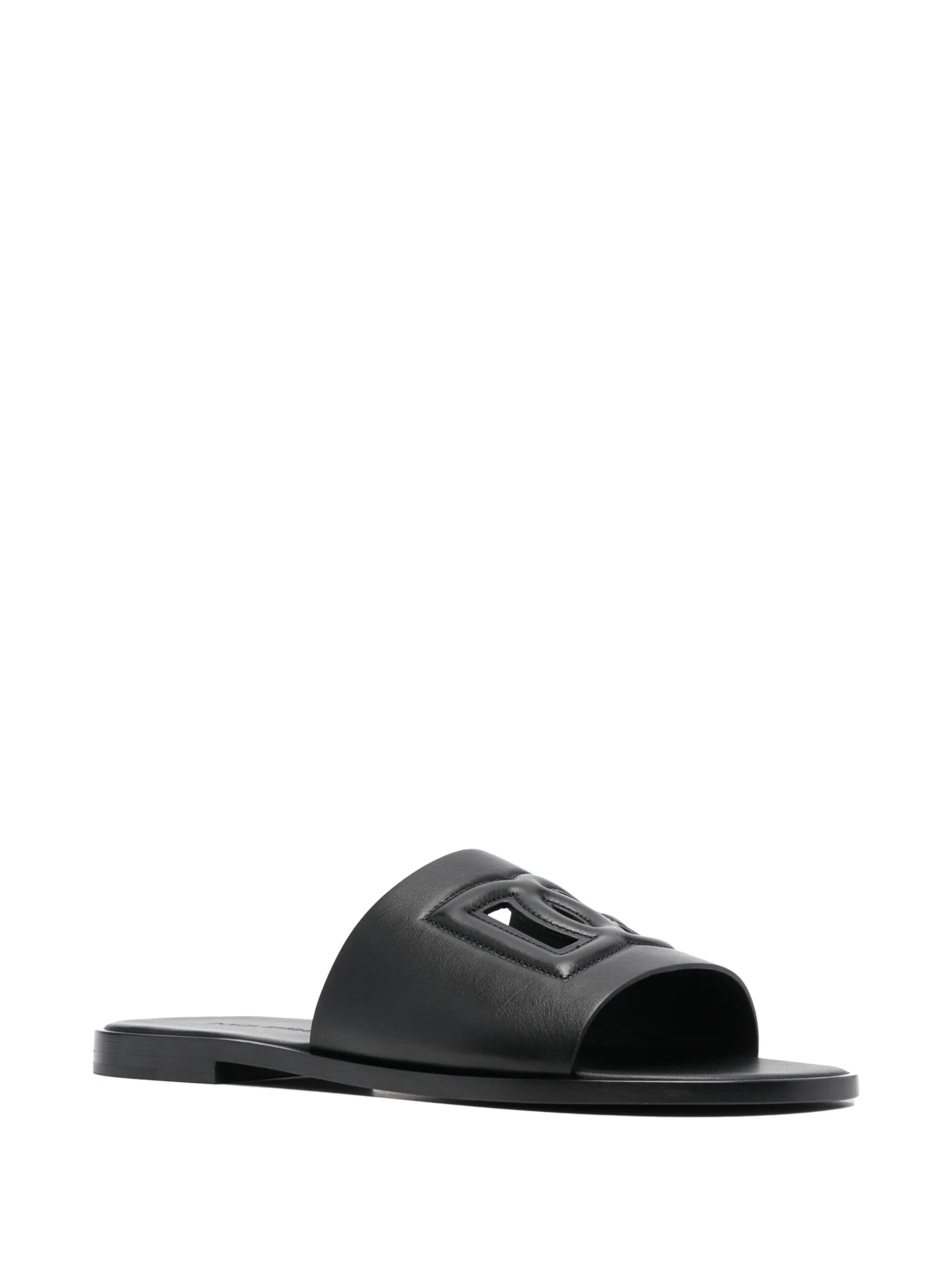 embossed-logo leather slides