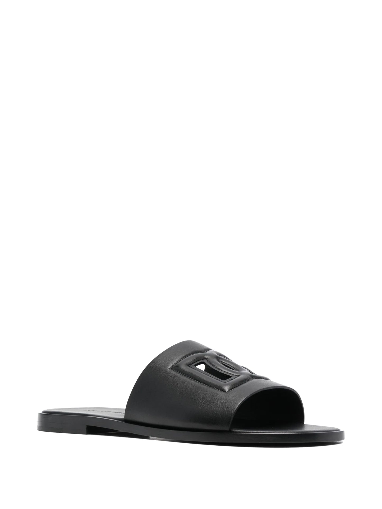 embossed-logo leather slides