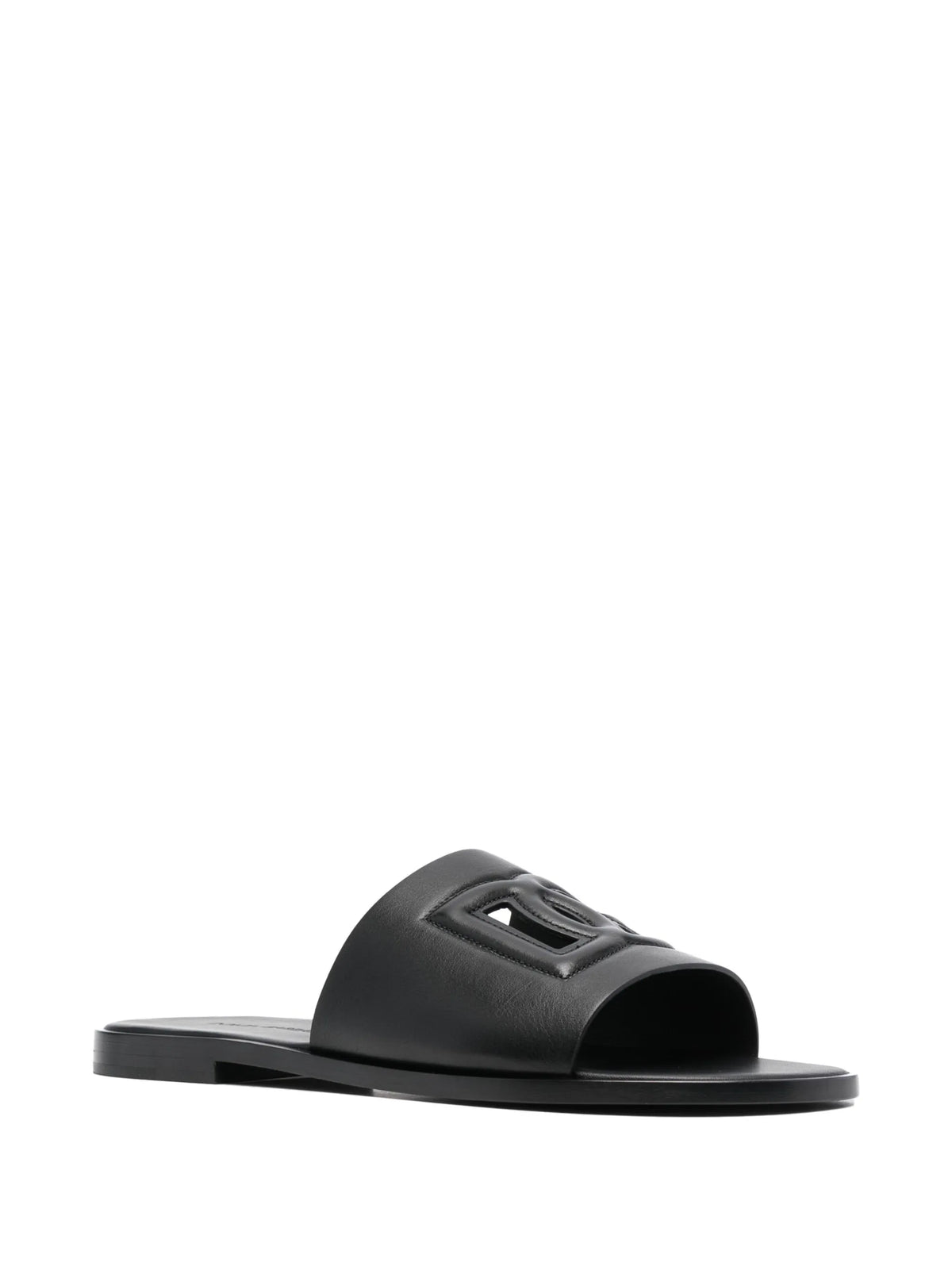 embossed-logo leather slides
