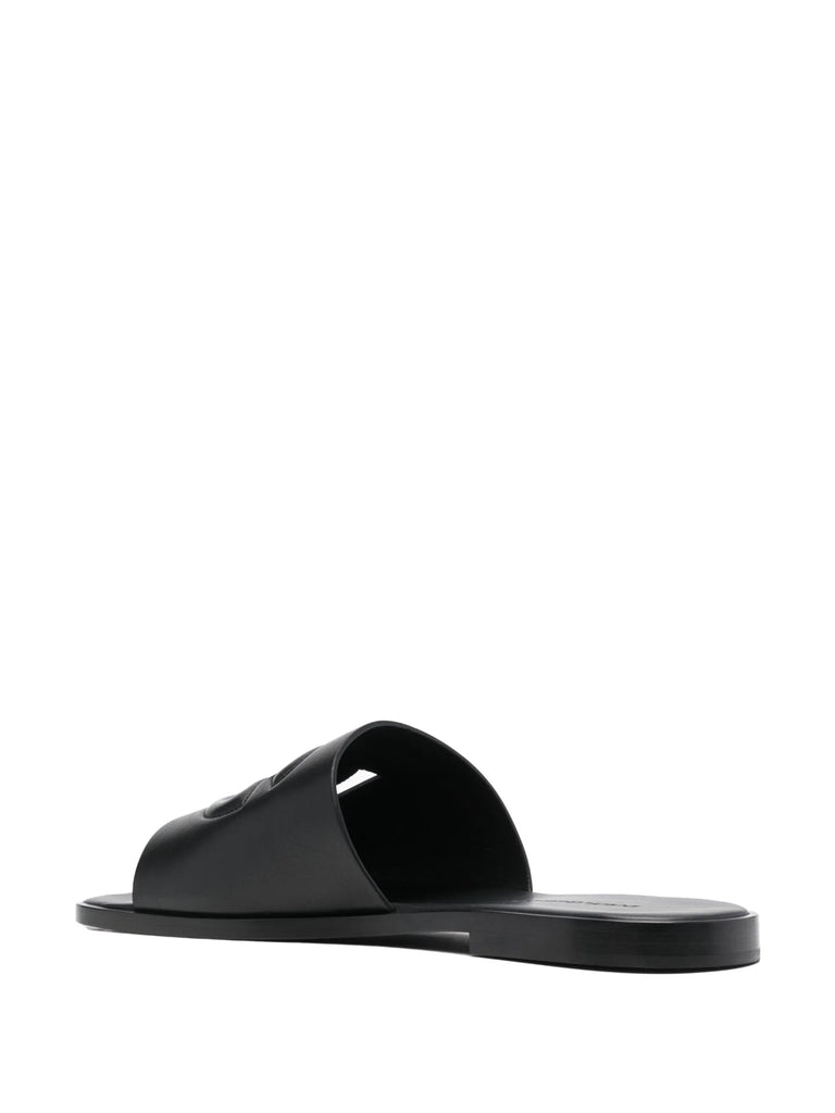 embossed-logo leather slides