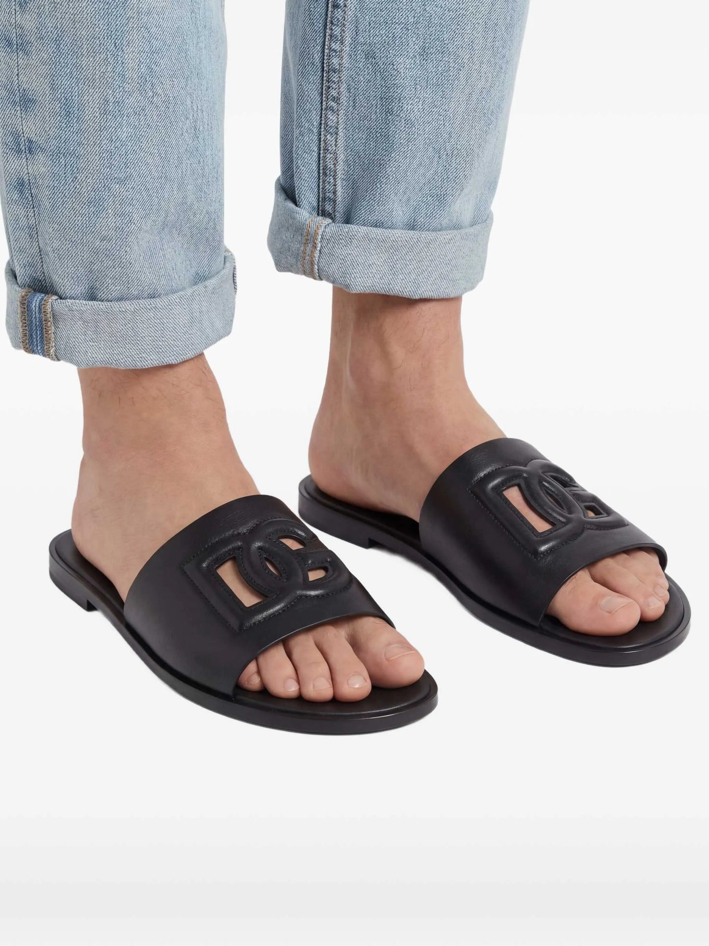 embossed-logo leather slides