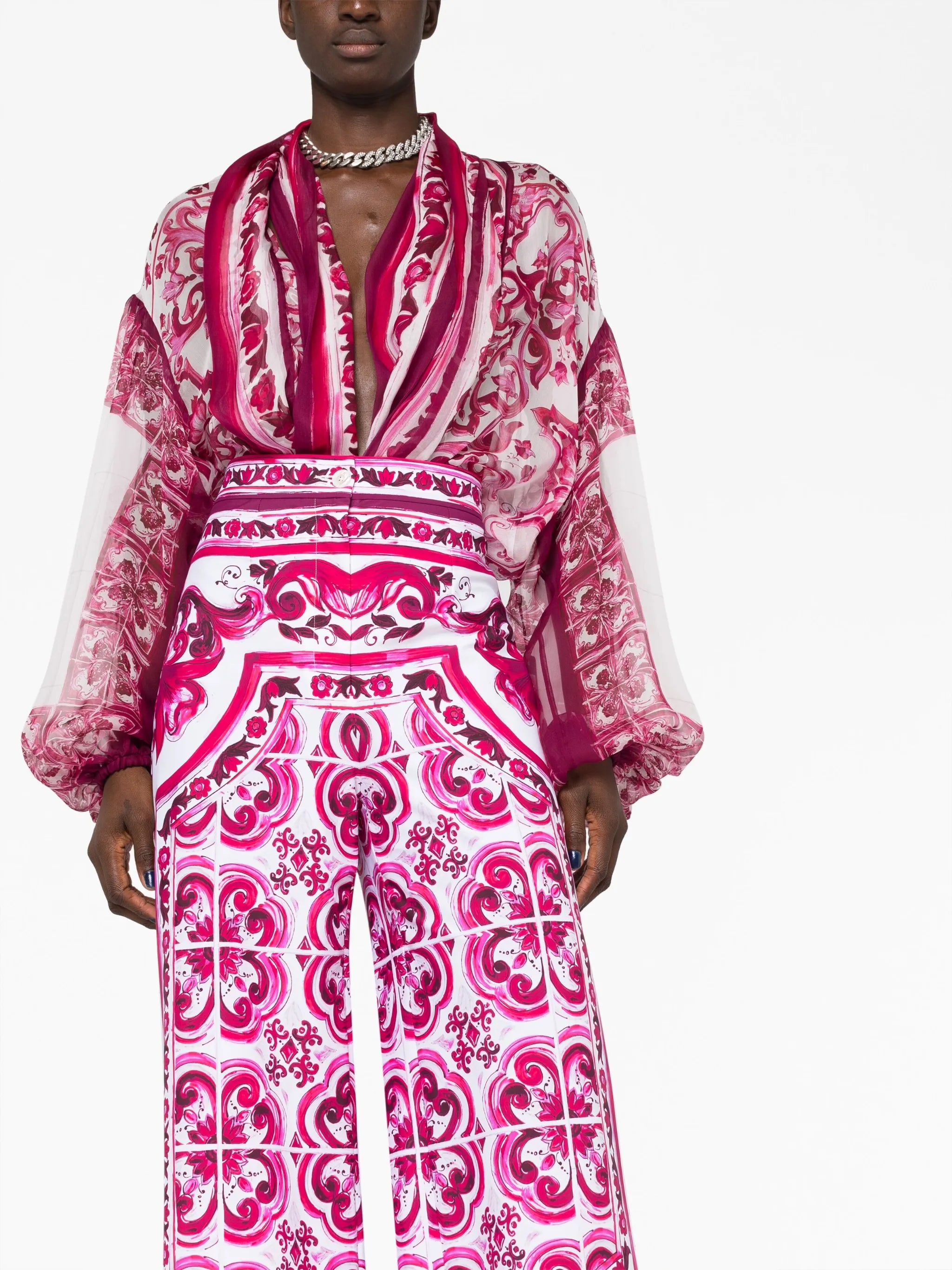 Majolica-print wide-leg trousers
