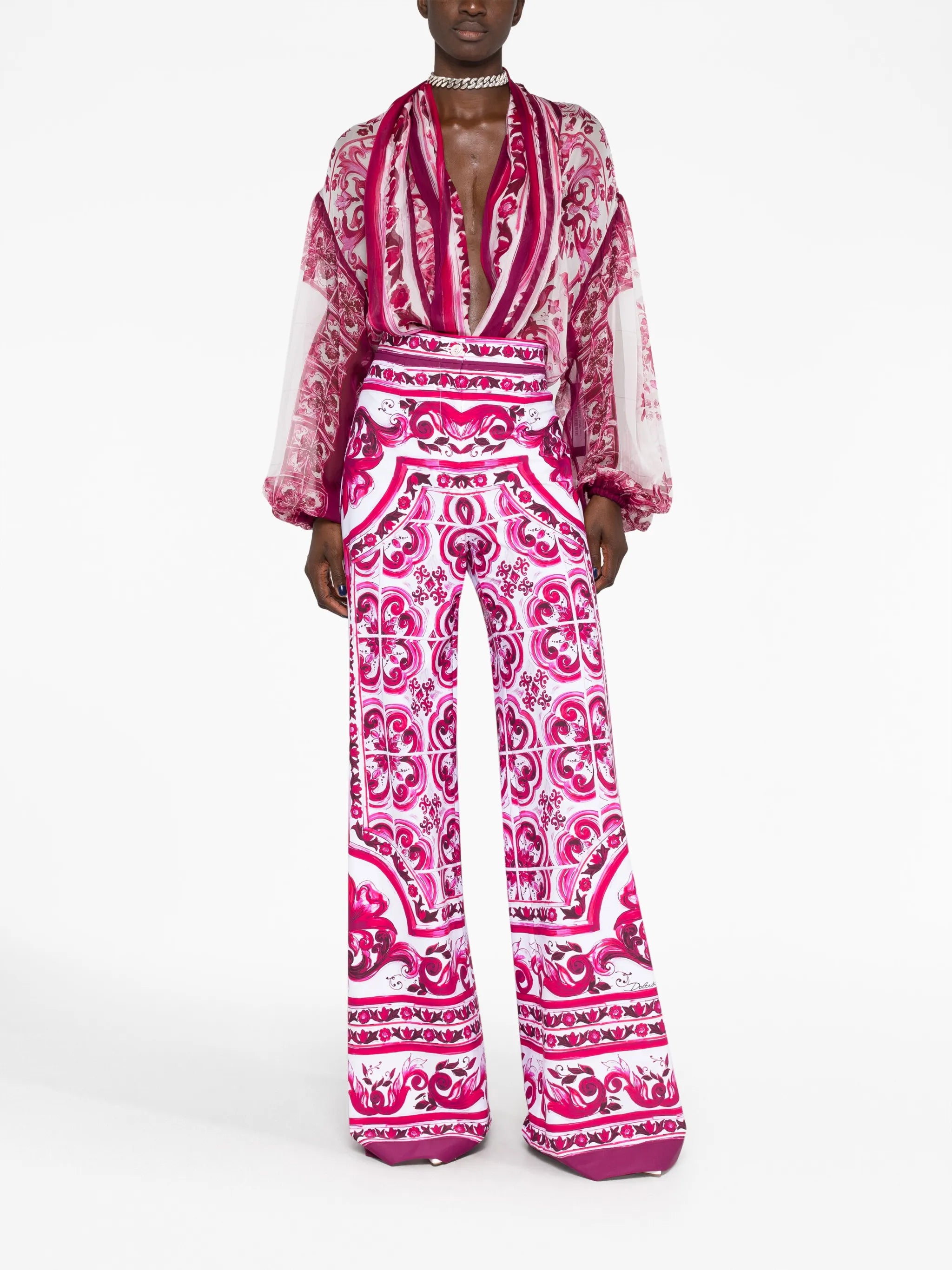 Majolica-print wide-leg trousers