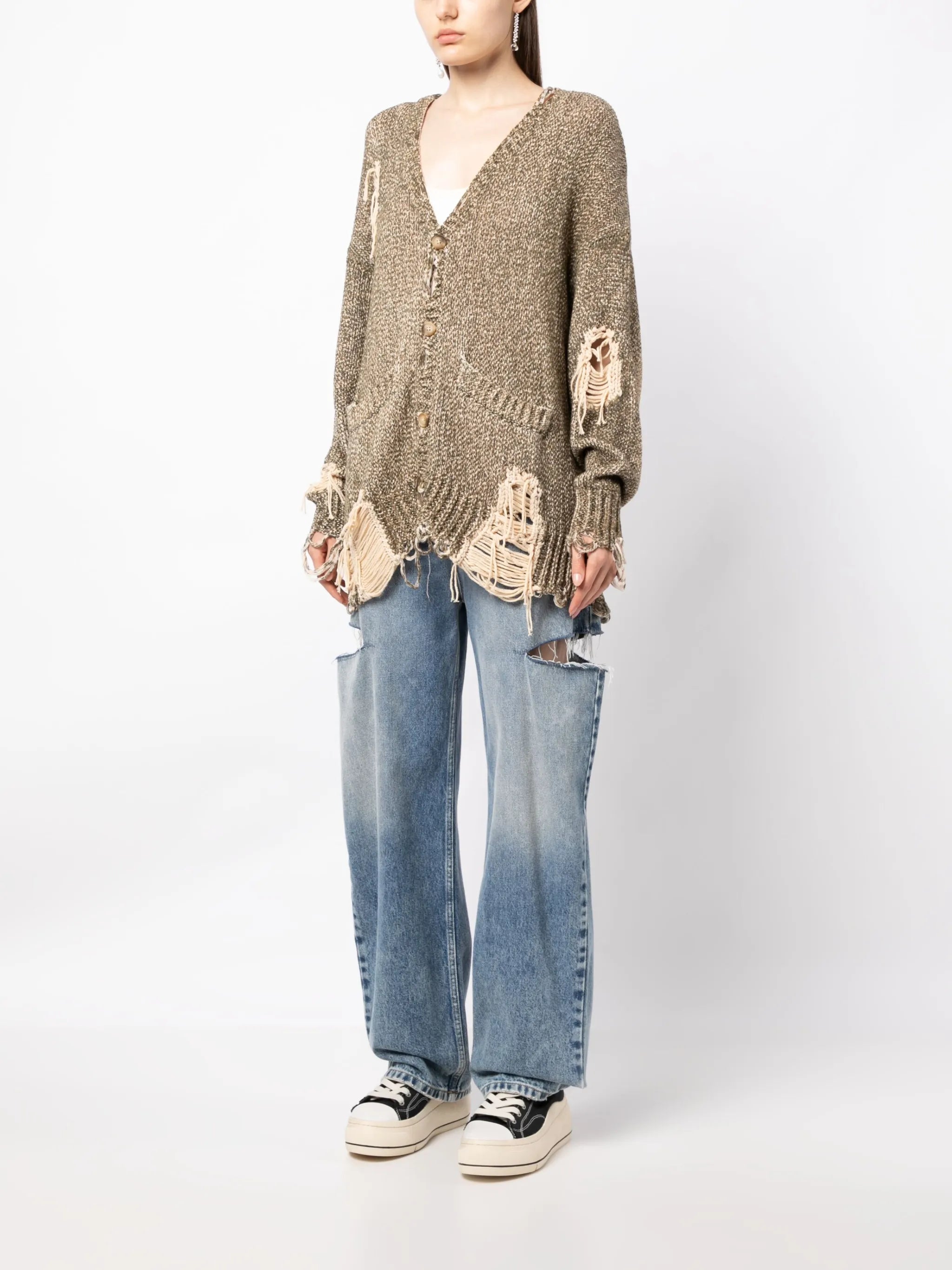 Jumbo distressed tweed-print cardigan