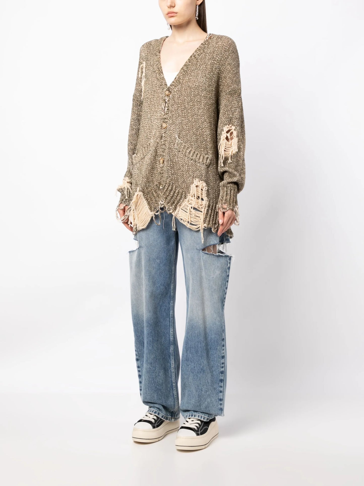 Jumbo distressed tweed-print cardigan