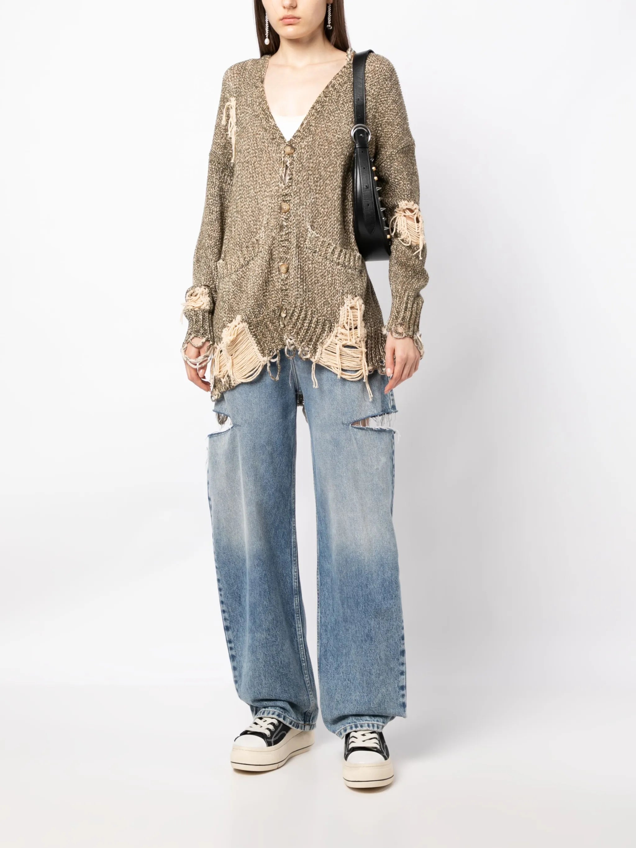 Jumbo distressed tweed-print cardigan