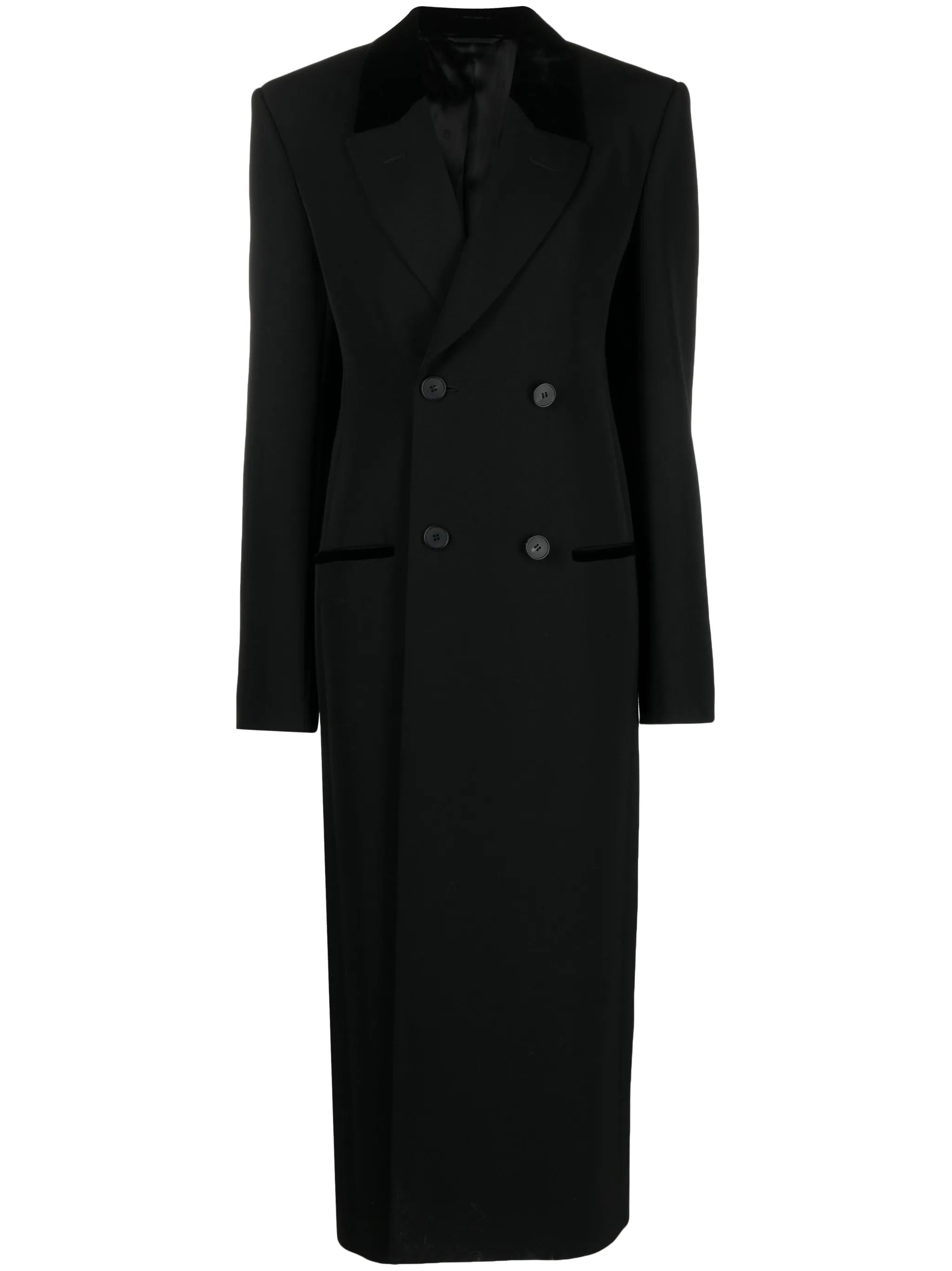 double-breasted velvet-trim wool coat