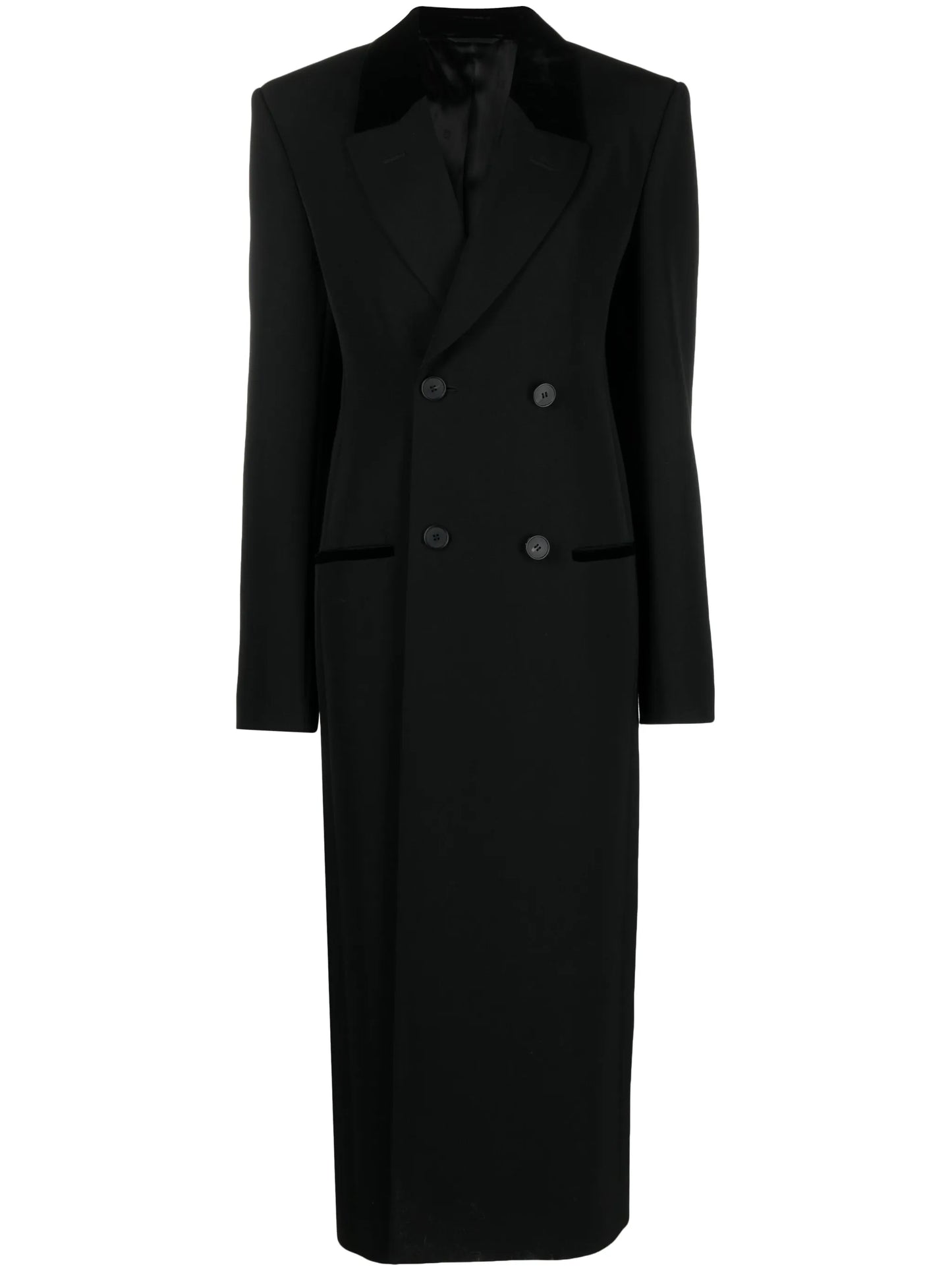 double-breasted velvet-trim wool coat