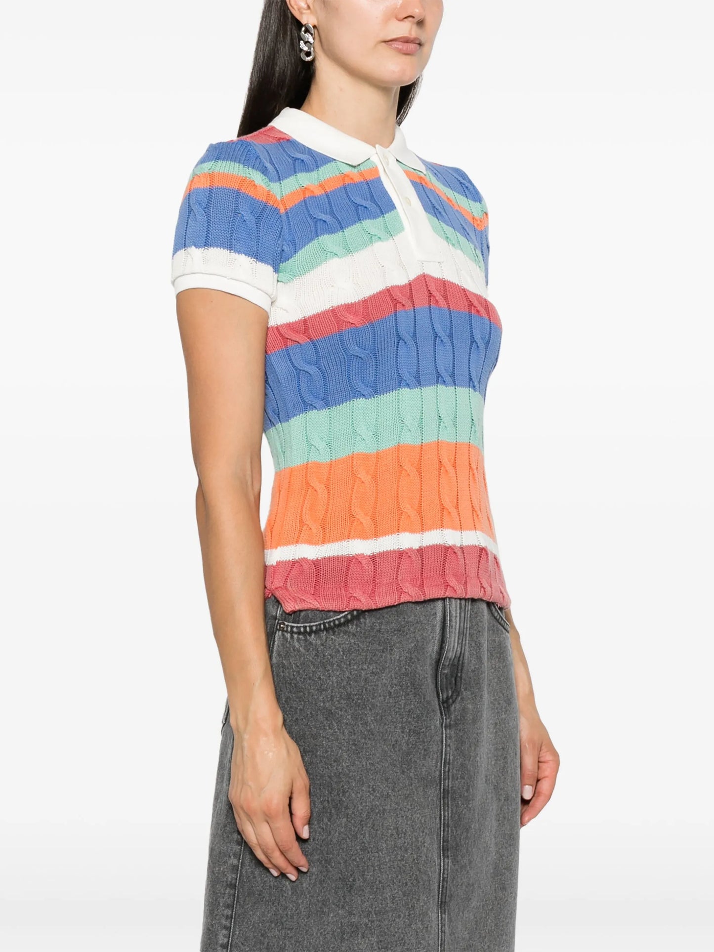 striped cable-knit polo shirt