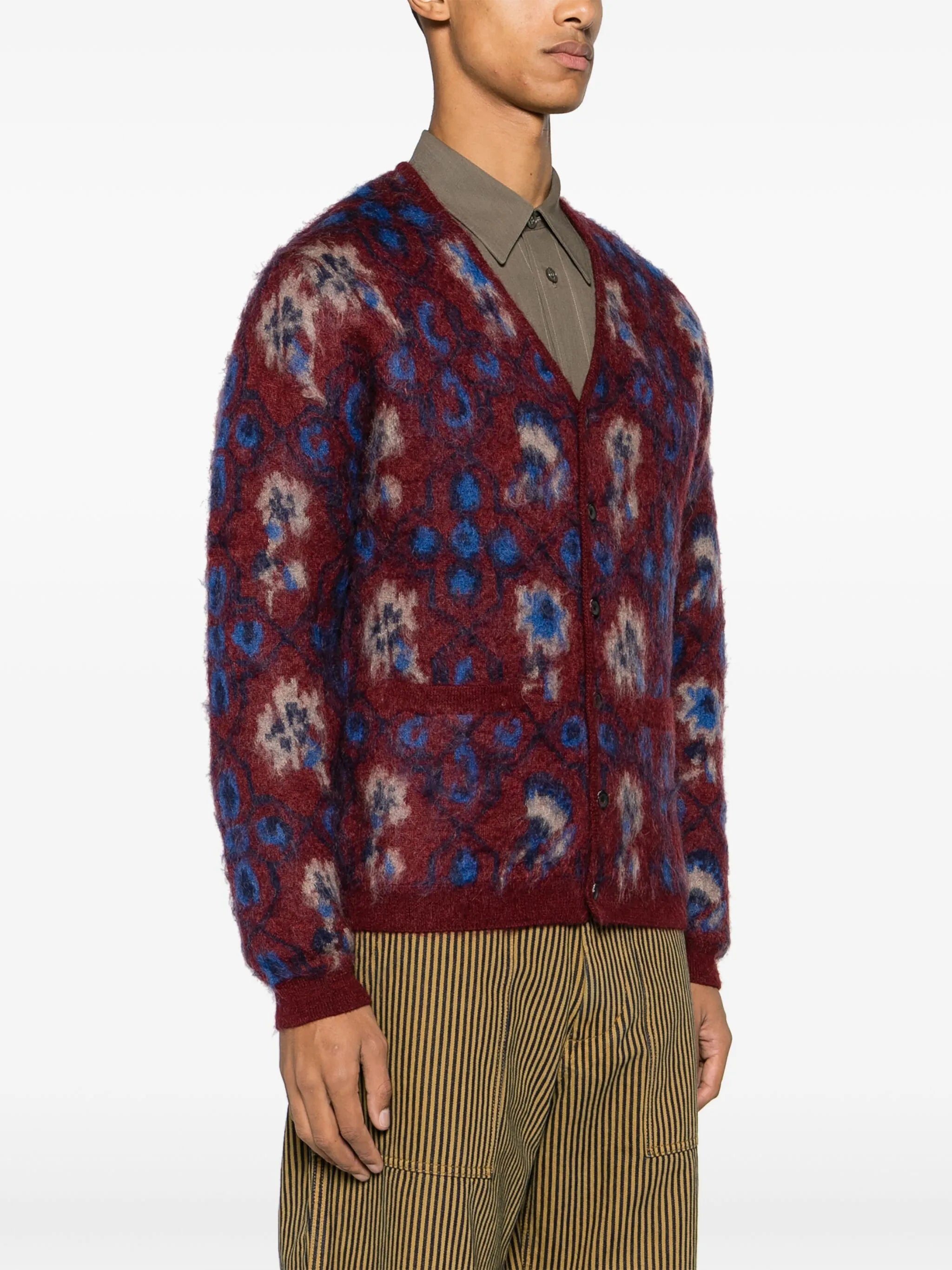 botanical-pattern intarsia-knit cardigan