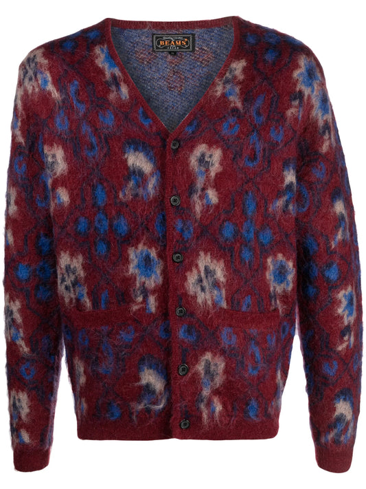 botanical-pattern intarsia-knit cardigan