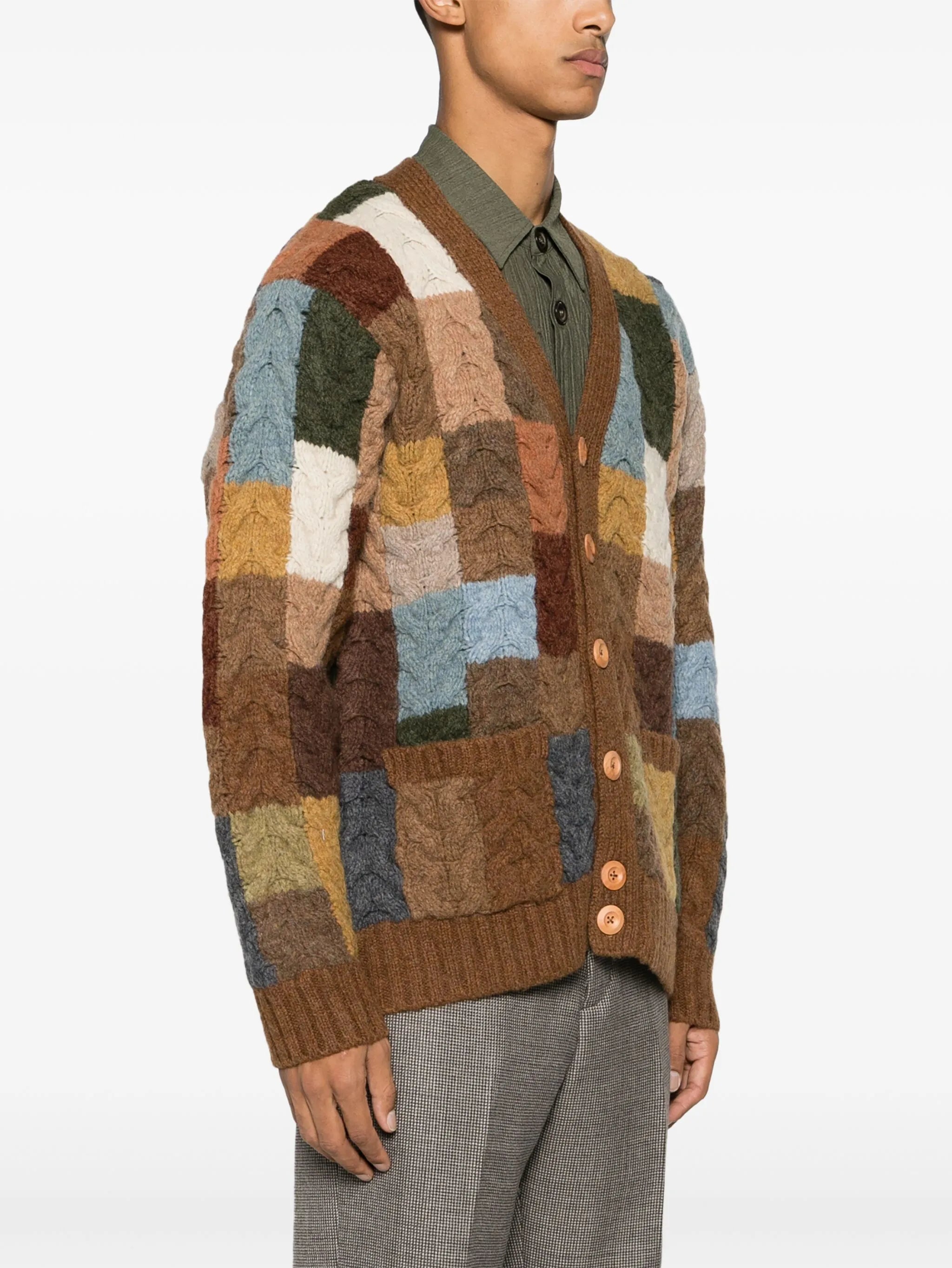 patchwork cable-knit wool cardigan
