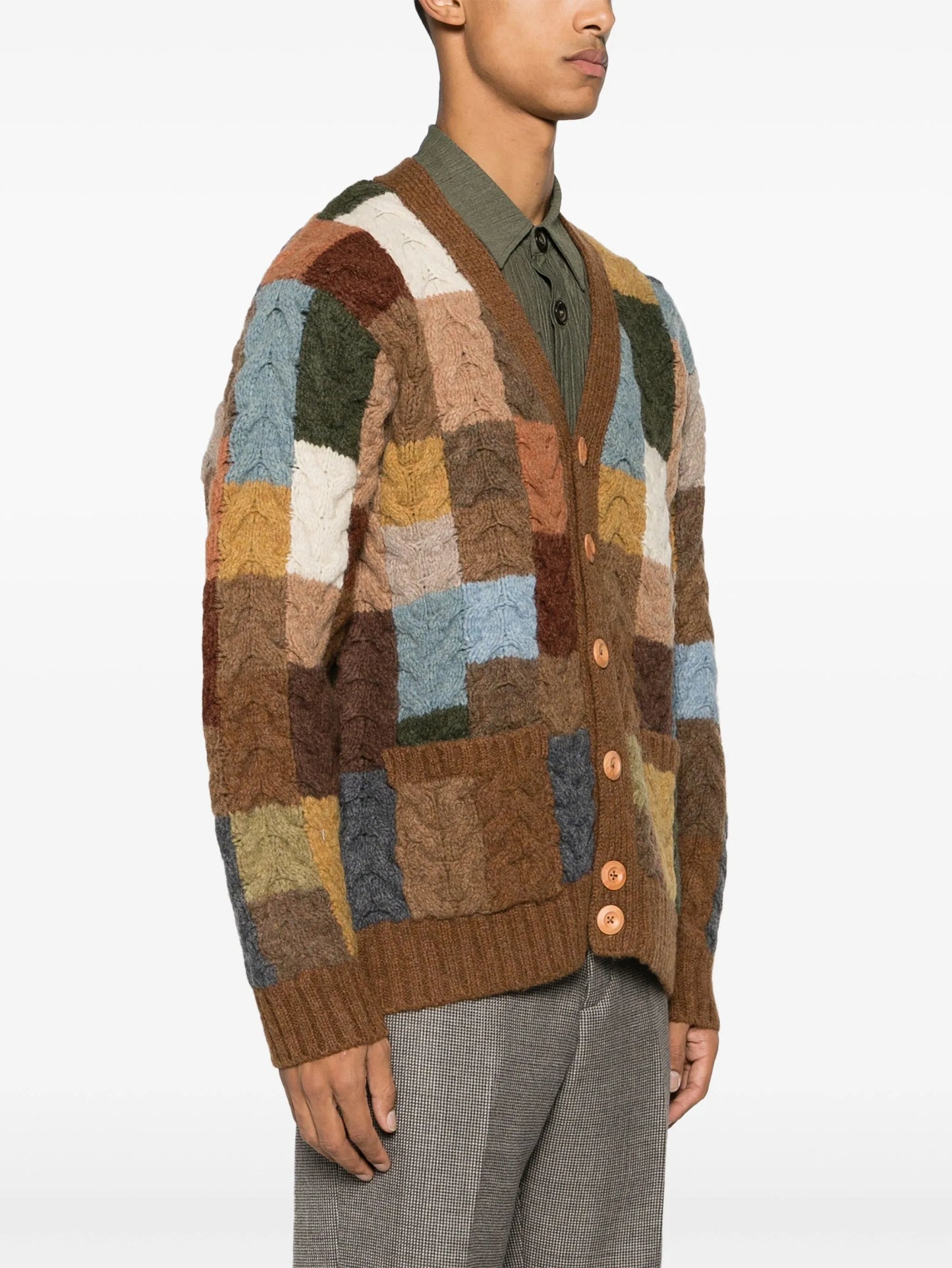 patchwork cable-knit wool cardigan