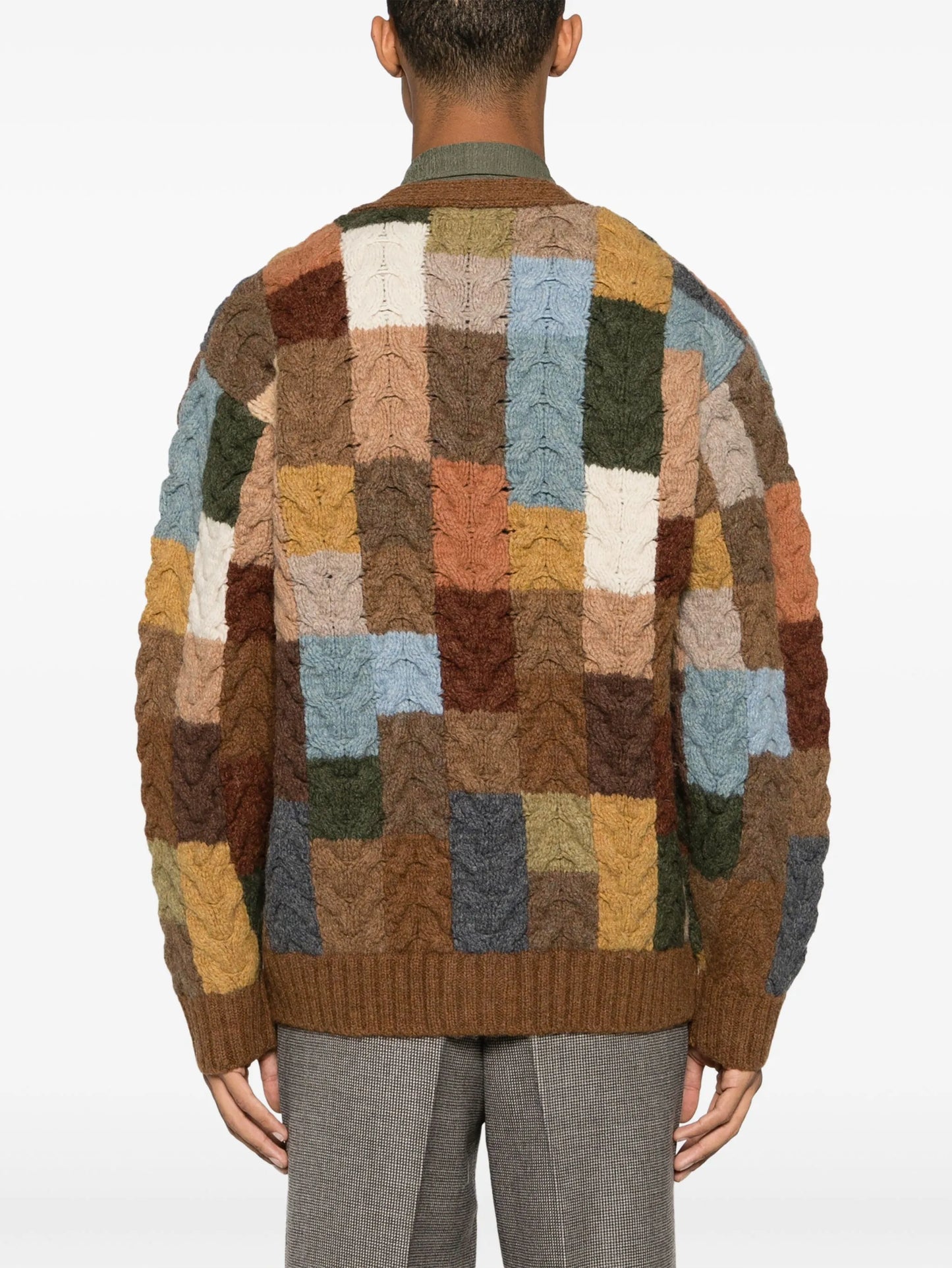 patchwork cable-knit wool cardigan