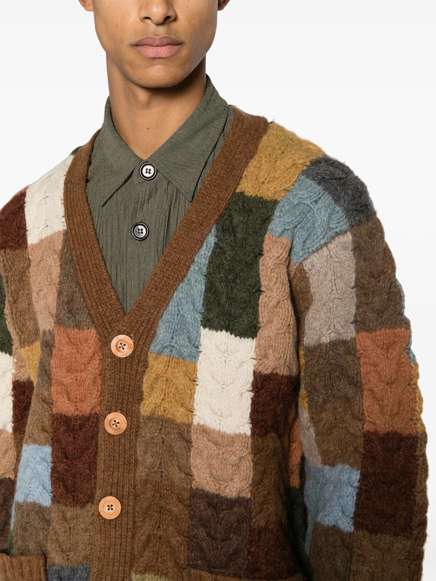 patchwork cable-knit wool cardigan