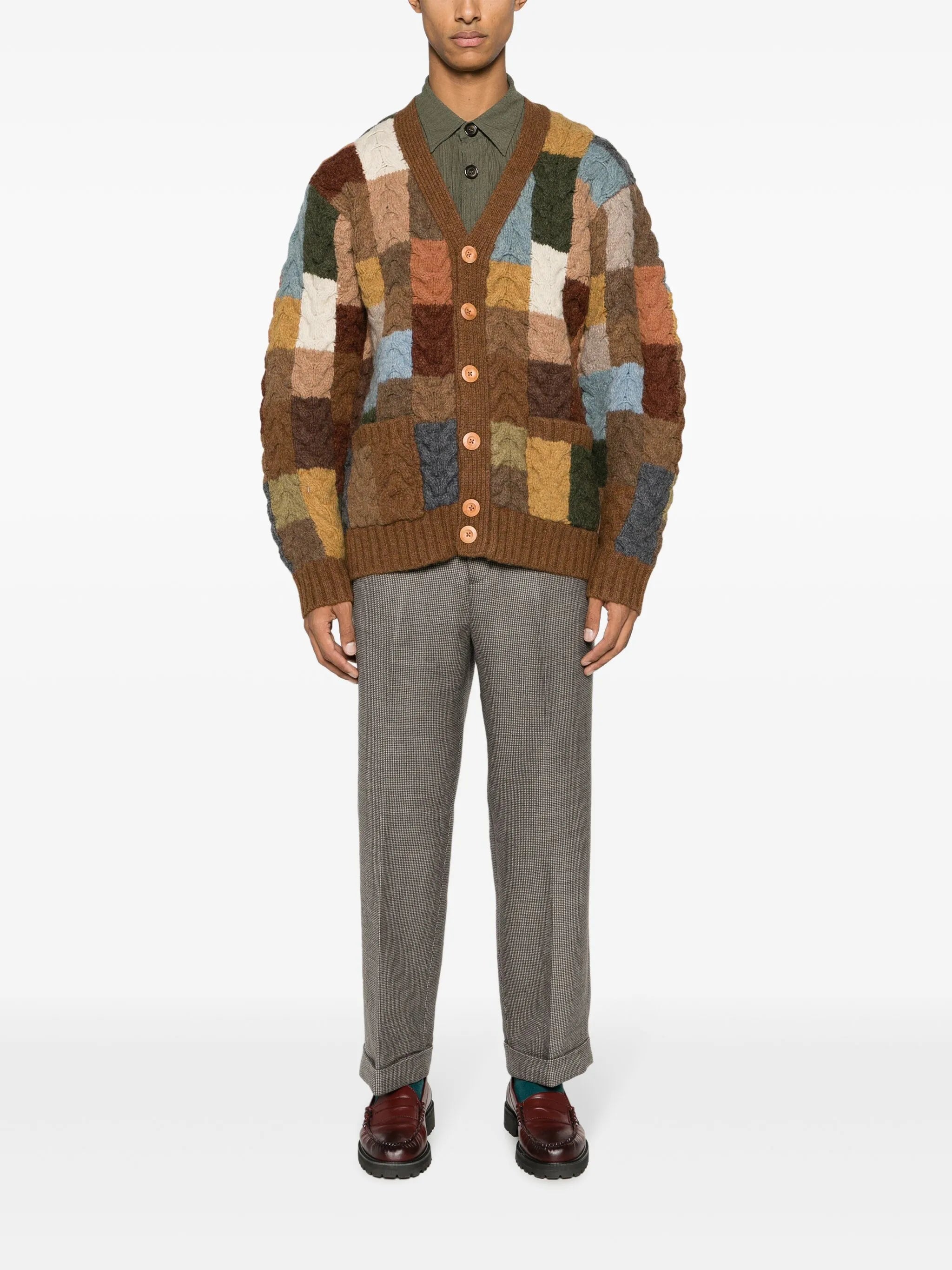 patchwork cable-knit wool cardigan