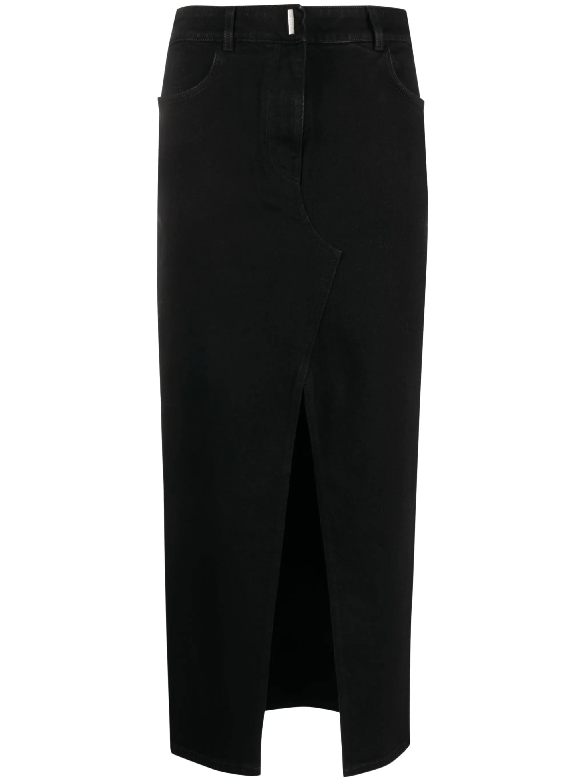 high-waist denim midi skirt