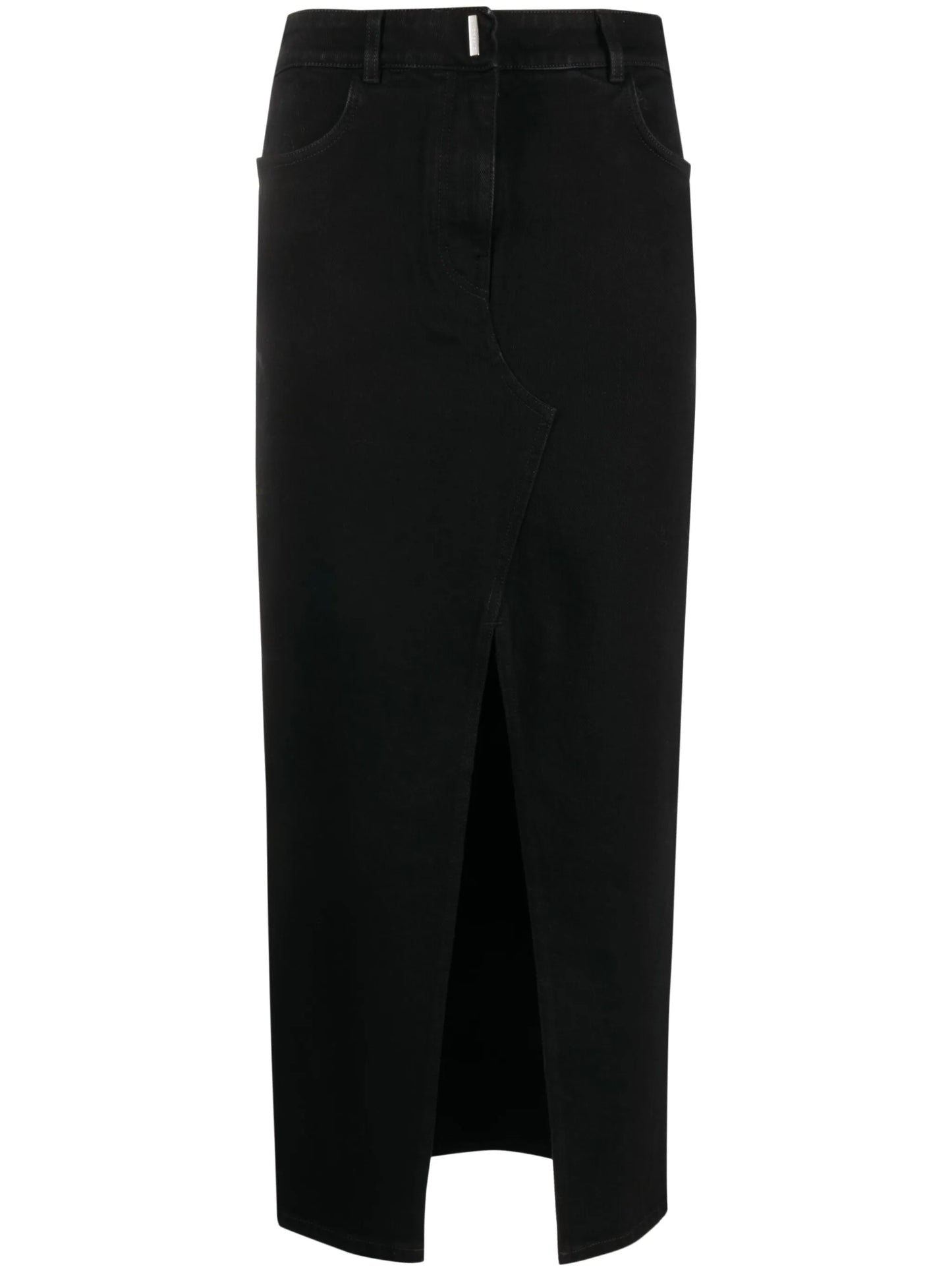 high-waist denim midi skirt