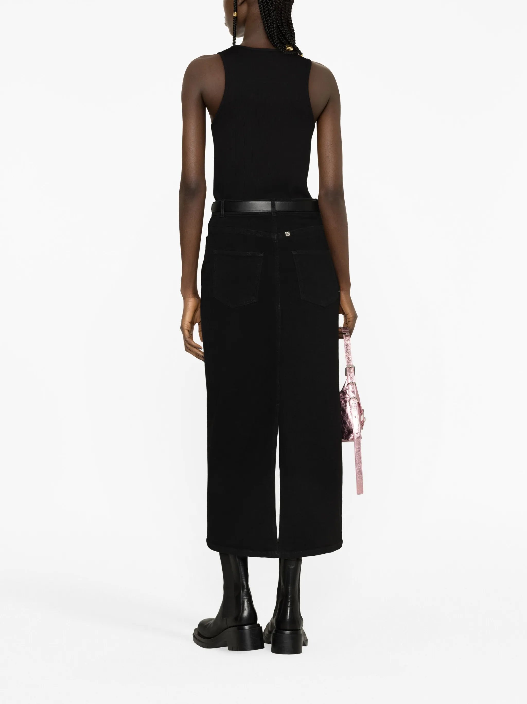 high-waist denim midi skirt
