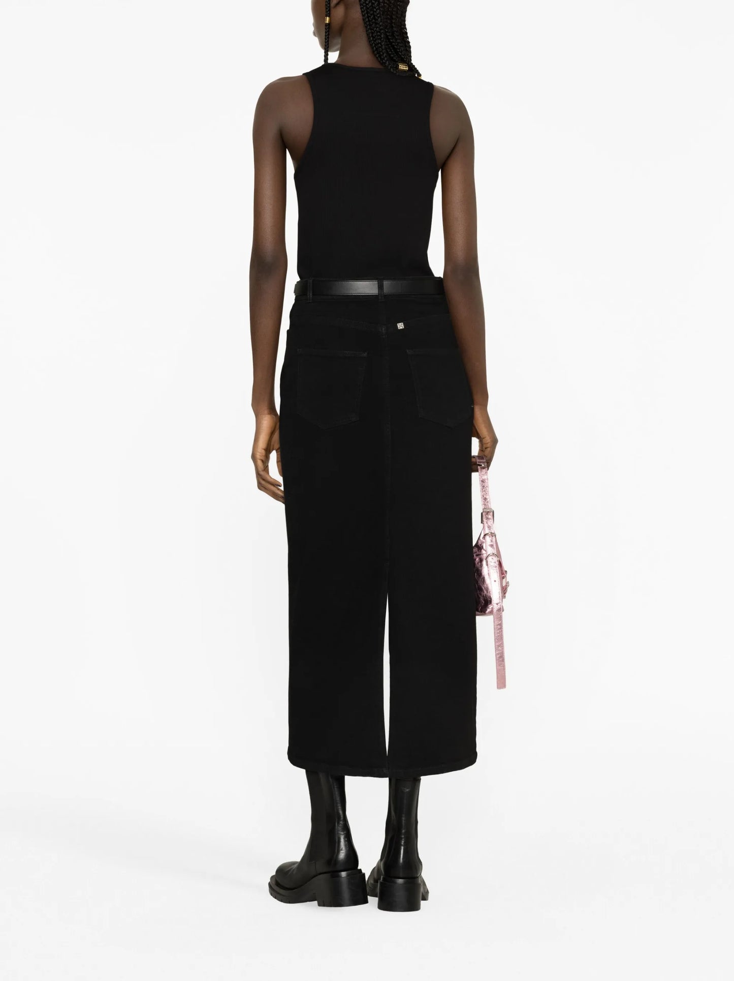 high-waist denim midi skirt