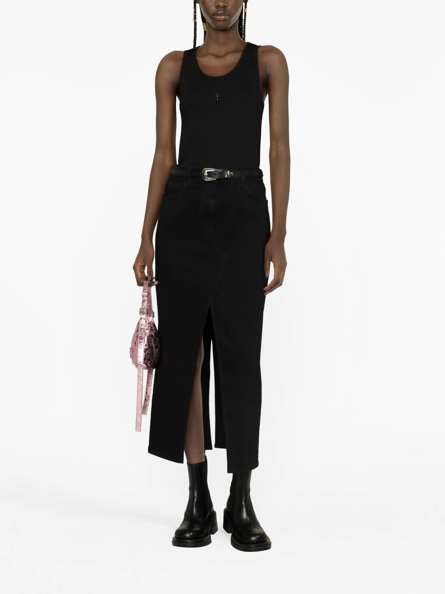 high-waist denim midi skirt