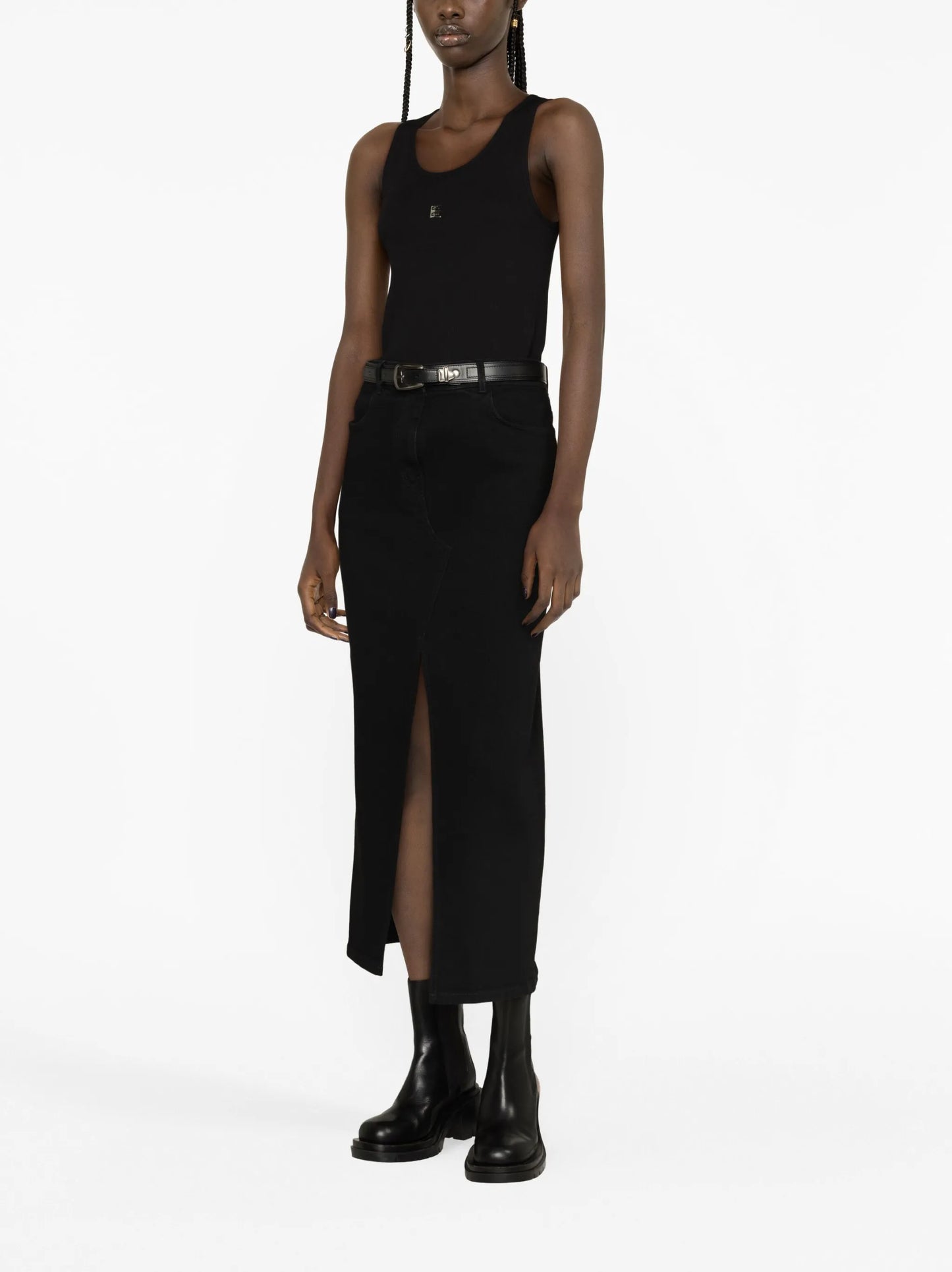 high-waist denim midi skirt