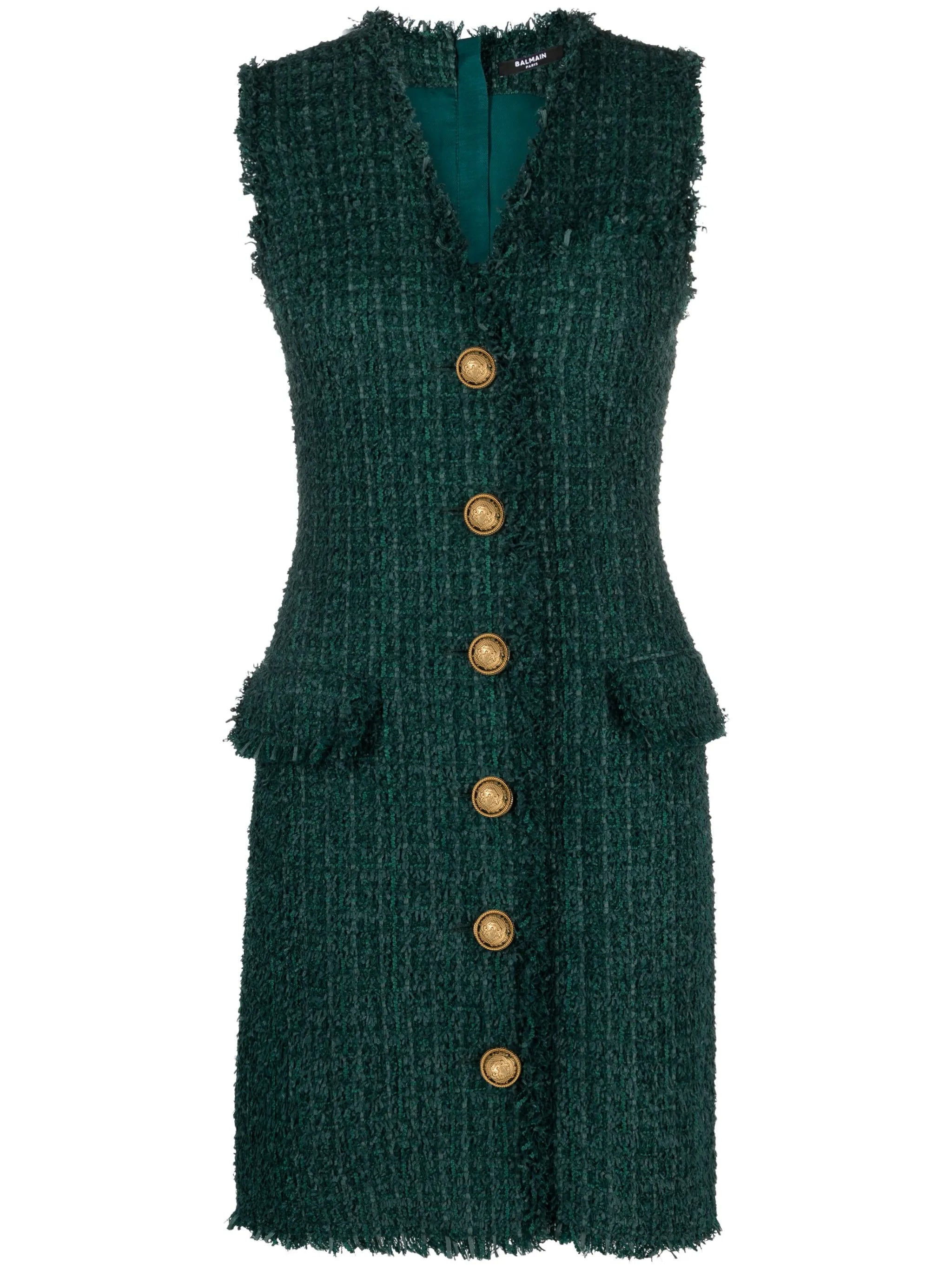 V-neck buttoned tweed minidress