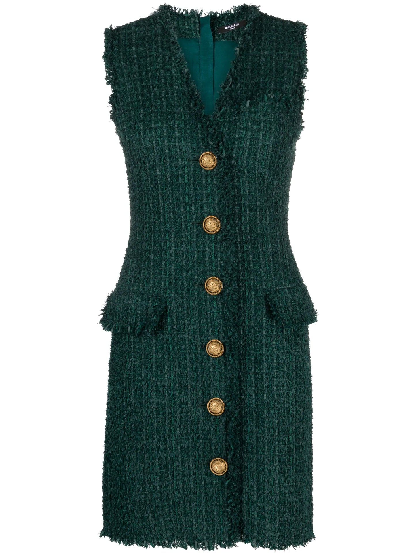V-neck buttoned tweed minidress