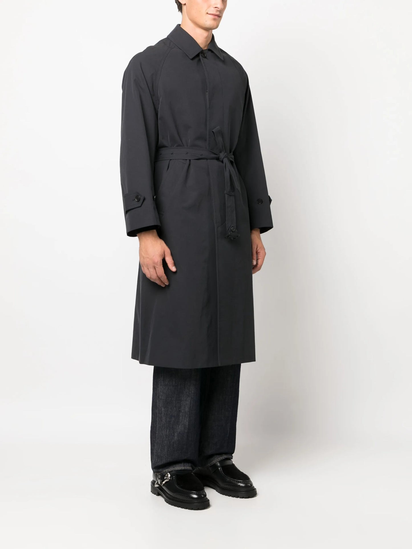 belted button-up cotton coat