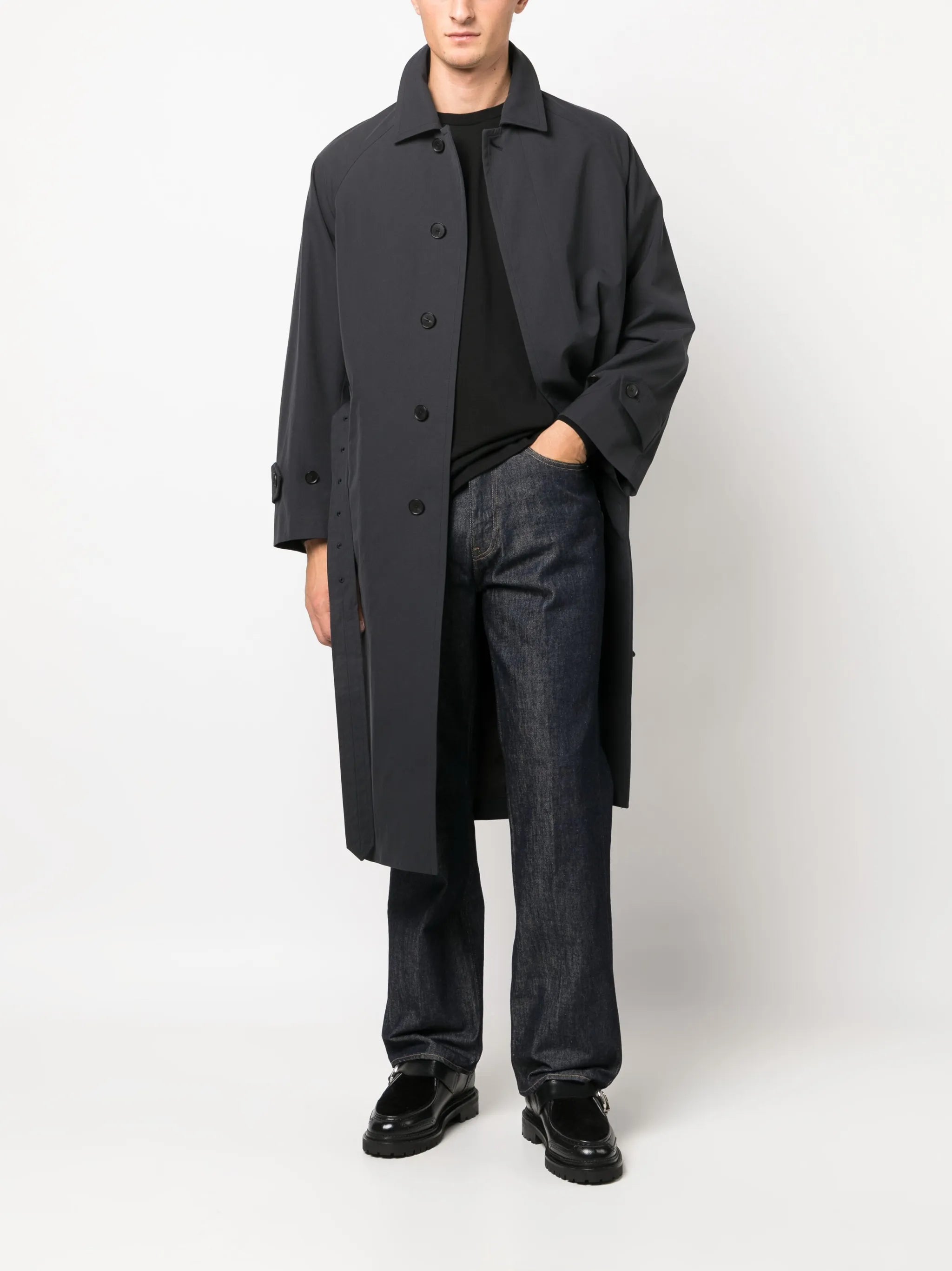 belted button-up cotton coat