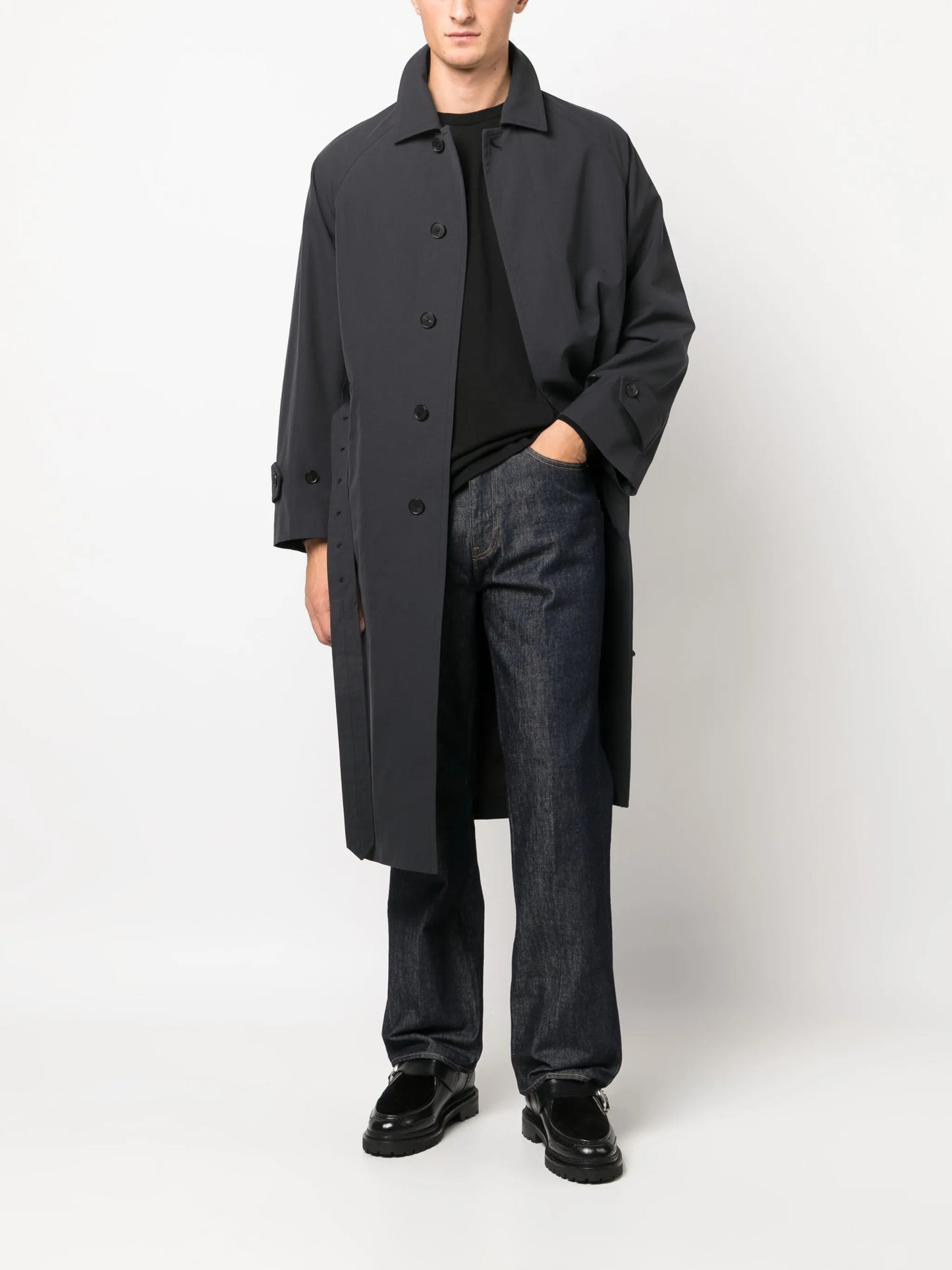 belted button-up cotton coat